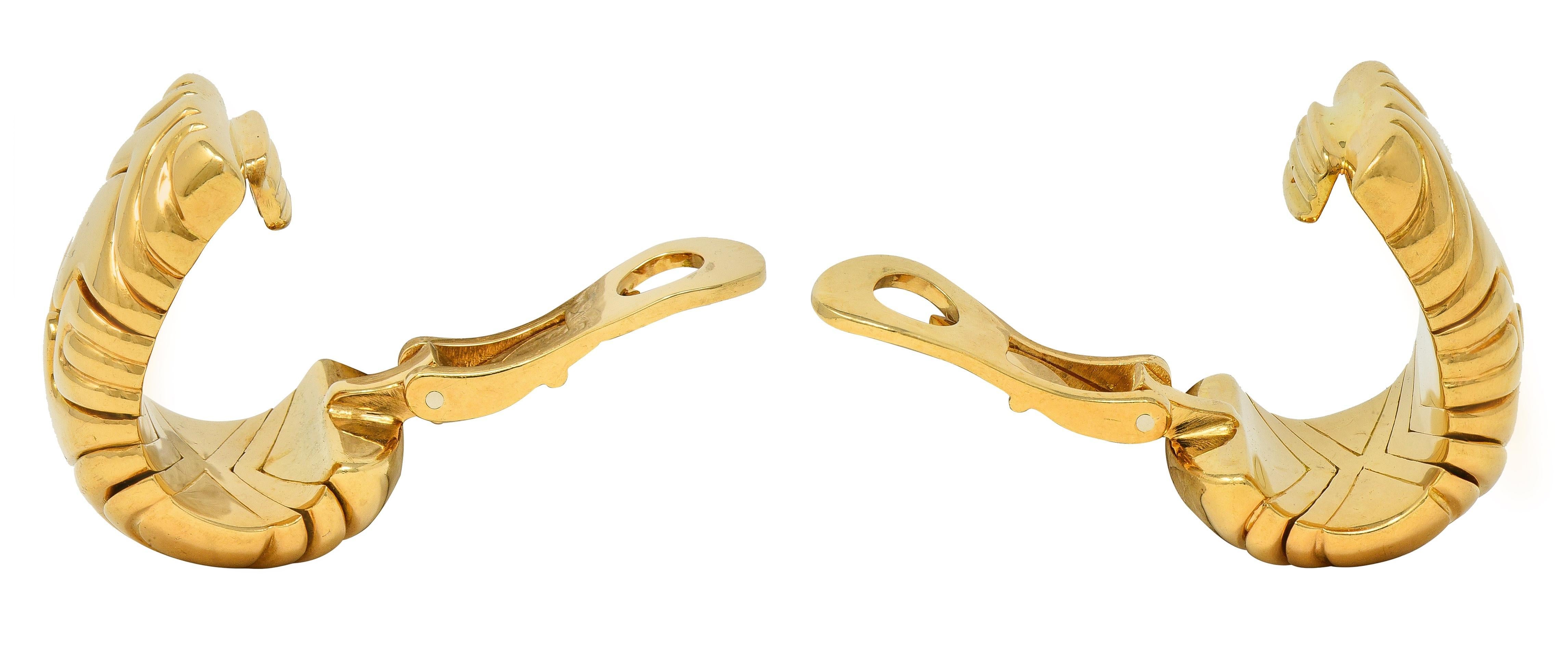 Bulgari 1990's 18 Karat Yellow Gold Vintage Alveare J-Hoop Ear-Clip Earrings For Sale 1