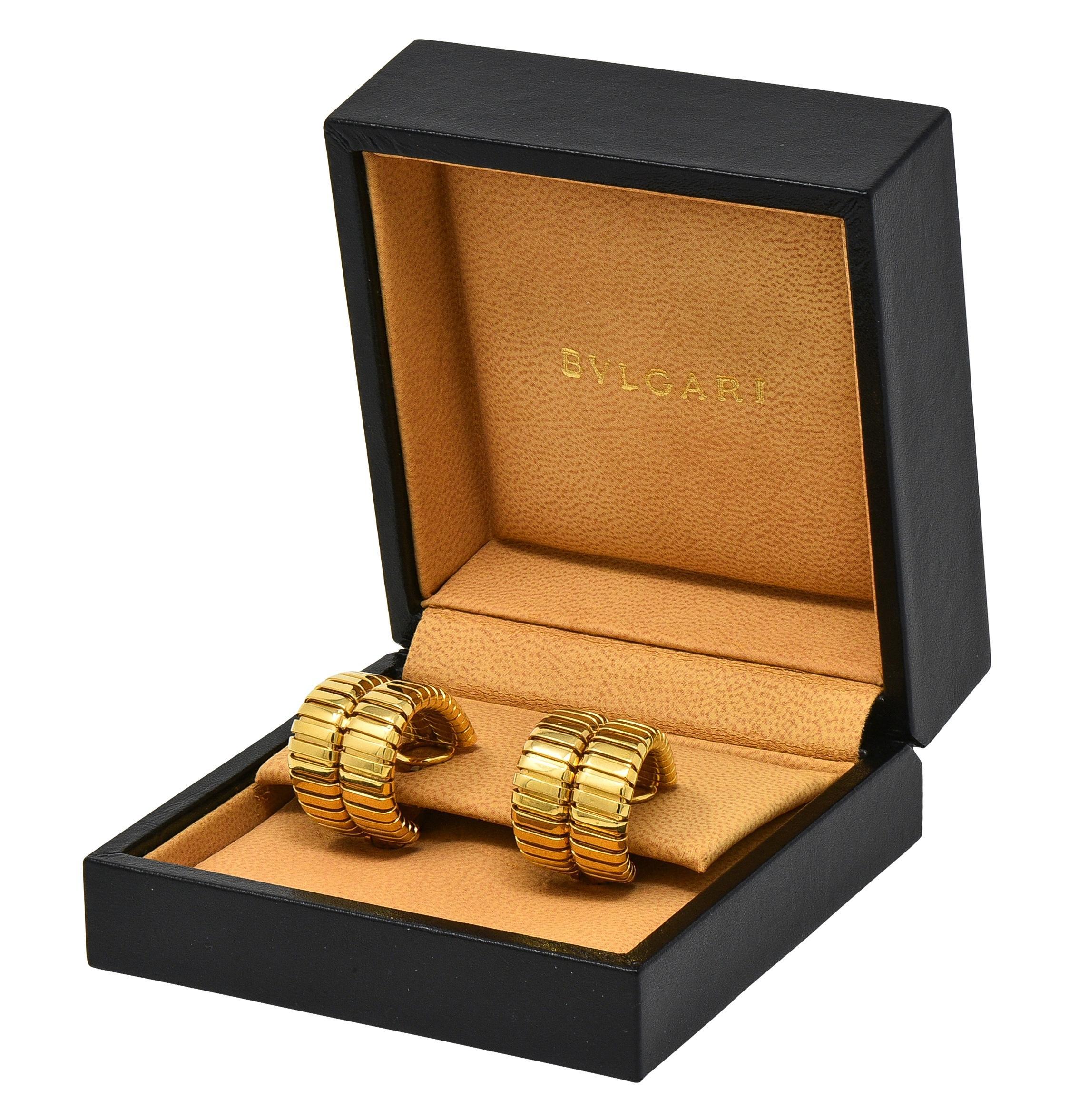 Modern Bulgari 1990's 18 Karat Yellow Gold Vintage Tubogas J-Hoop Ear-Clip Earrings For Sale