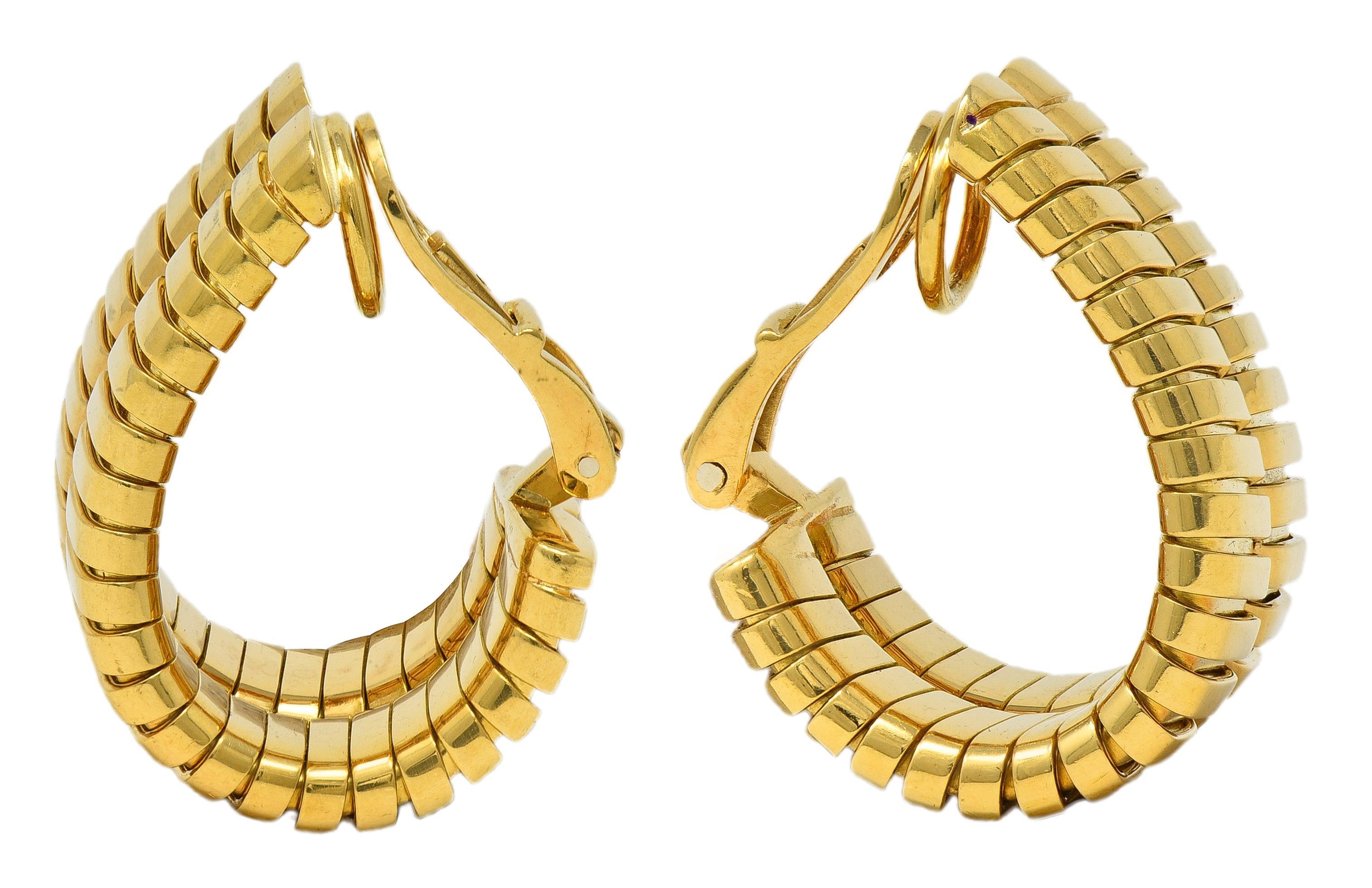 Bulgari 1990's 18 Karat Yellow Gold Vintage Tubogas J-Hoop Ear-Clip Earrings In Excellent Condition For Sale In Philadelphia, PA