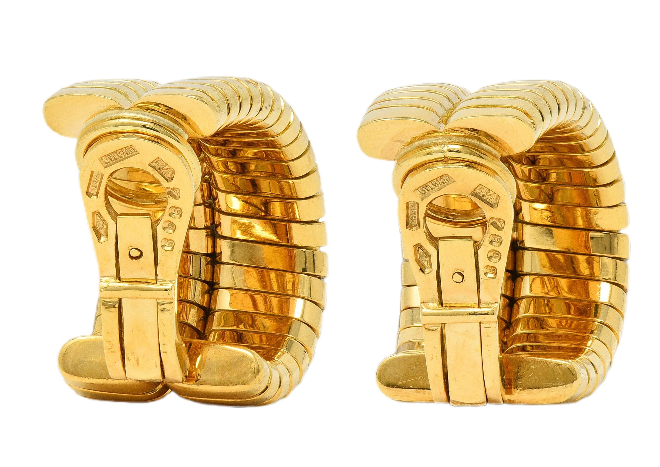 Women's Bulgari 1990's 18 Karat Yellow Gold Vintage Tubogas J-Hoop Ear-Clip Earrings For Sale