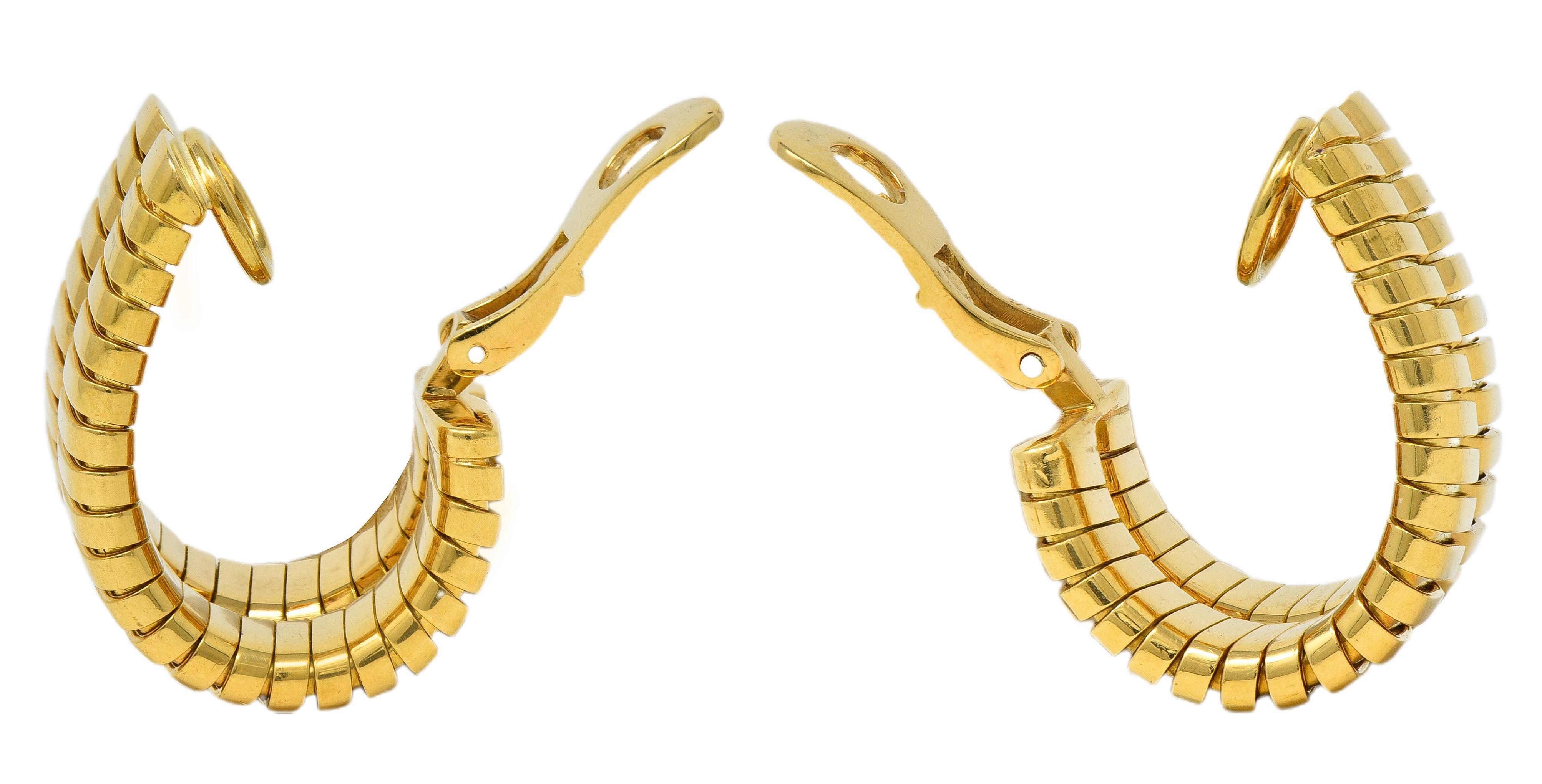 Bulgari 1990's 18 Karat Yellow Gold Vintage Tubogas J-Hoop Ear-Clip Earrings For Sale 1