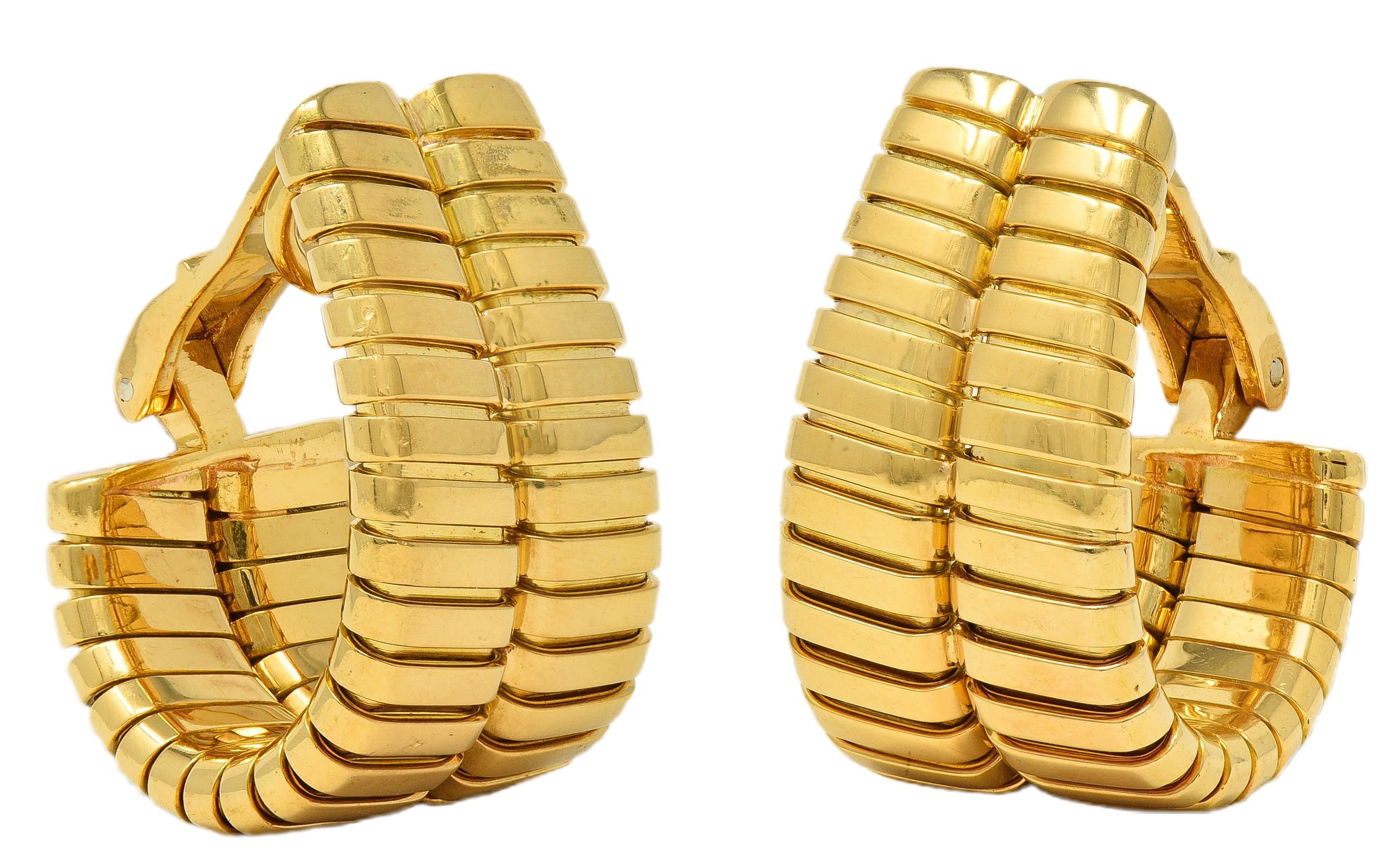Bulgari 1990's 18 Karat Yellow Gold Vintage Tubogas J-Hoop Ear-Clip Earrings For Sale 3