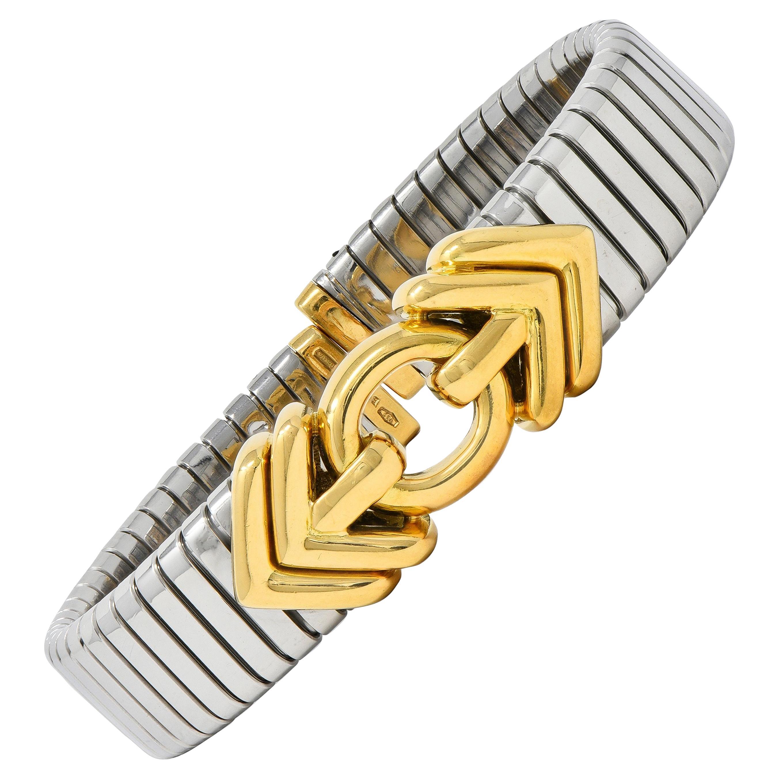 Bracciale Bulgari anni '90 in oro 18 carati e acciaio inossidabile Tubogas Vintage Alveare