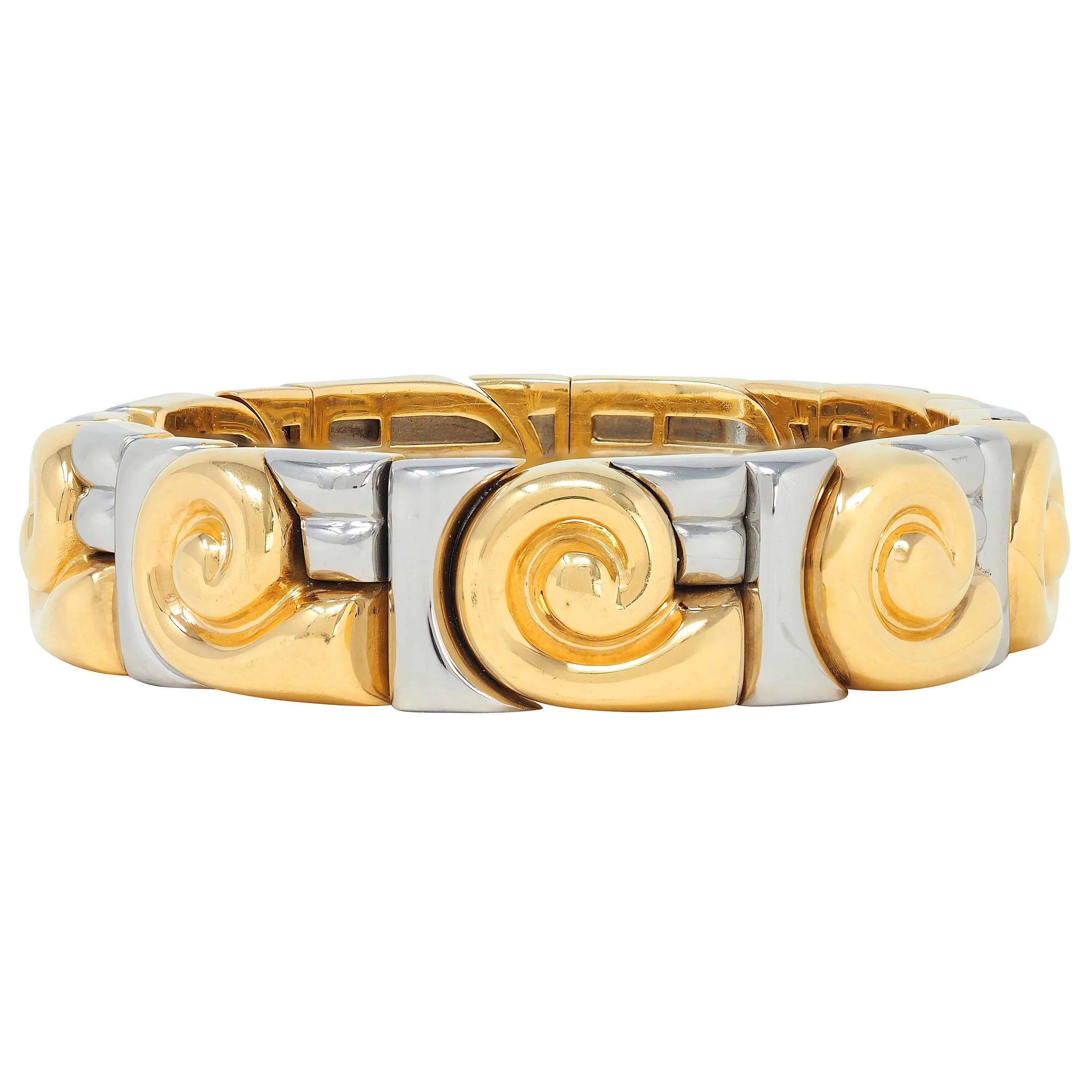 Moderne Bracelet manchette Bulgari 1990, or 18K, acier inoxydable, vintage Saetta Swirl en vente