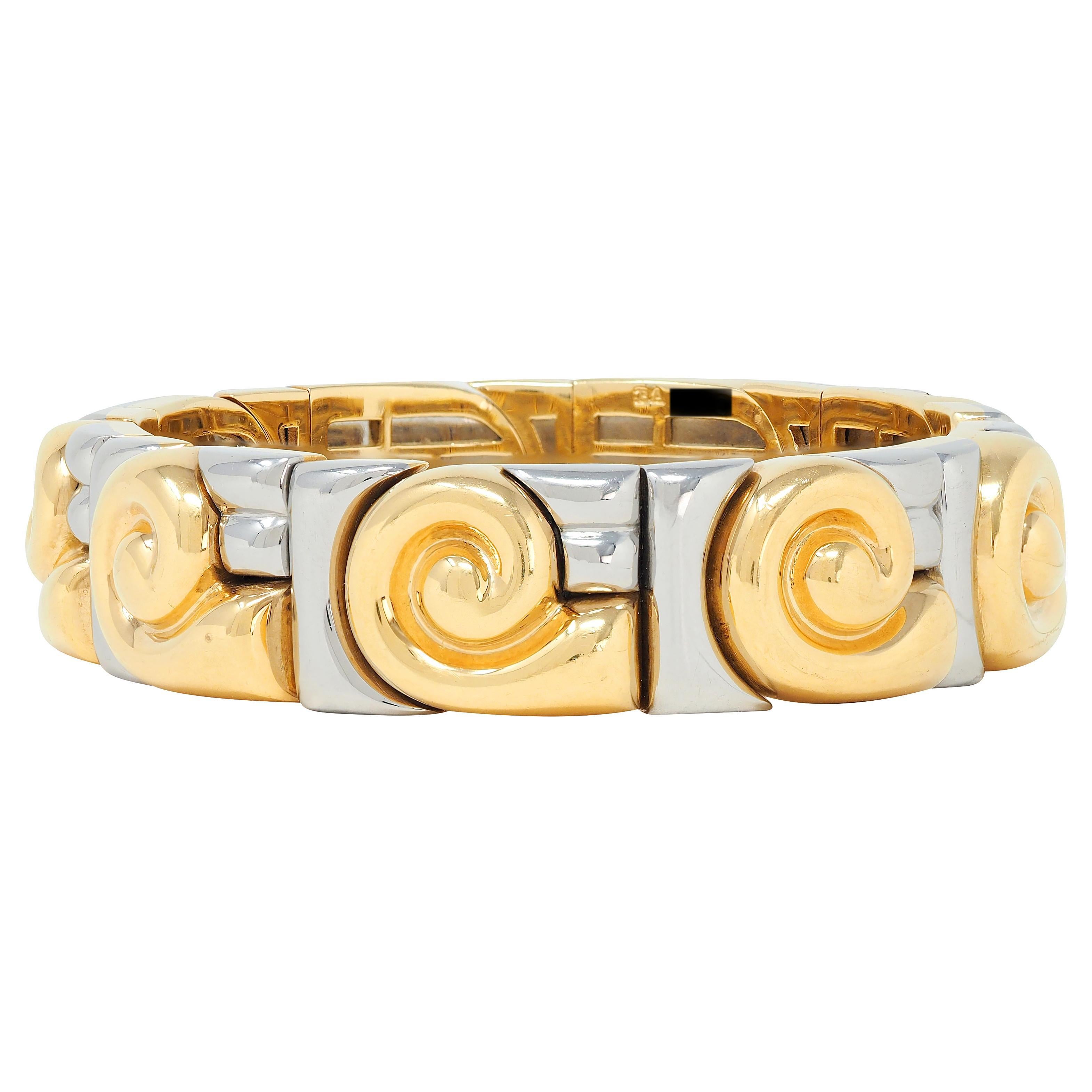 Bracelet manchette Bulgari 1990, or 18K, acier inoxydable, vintage Saetta Swirl Pour femmes en vente