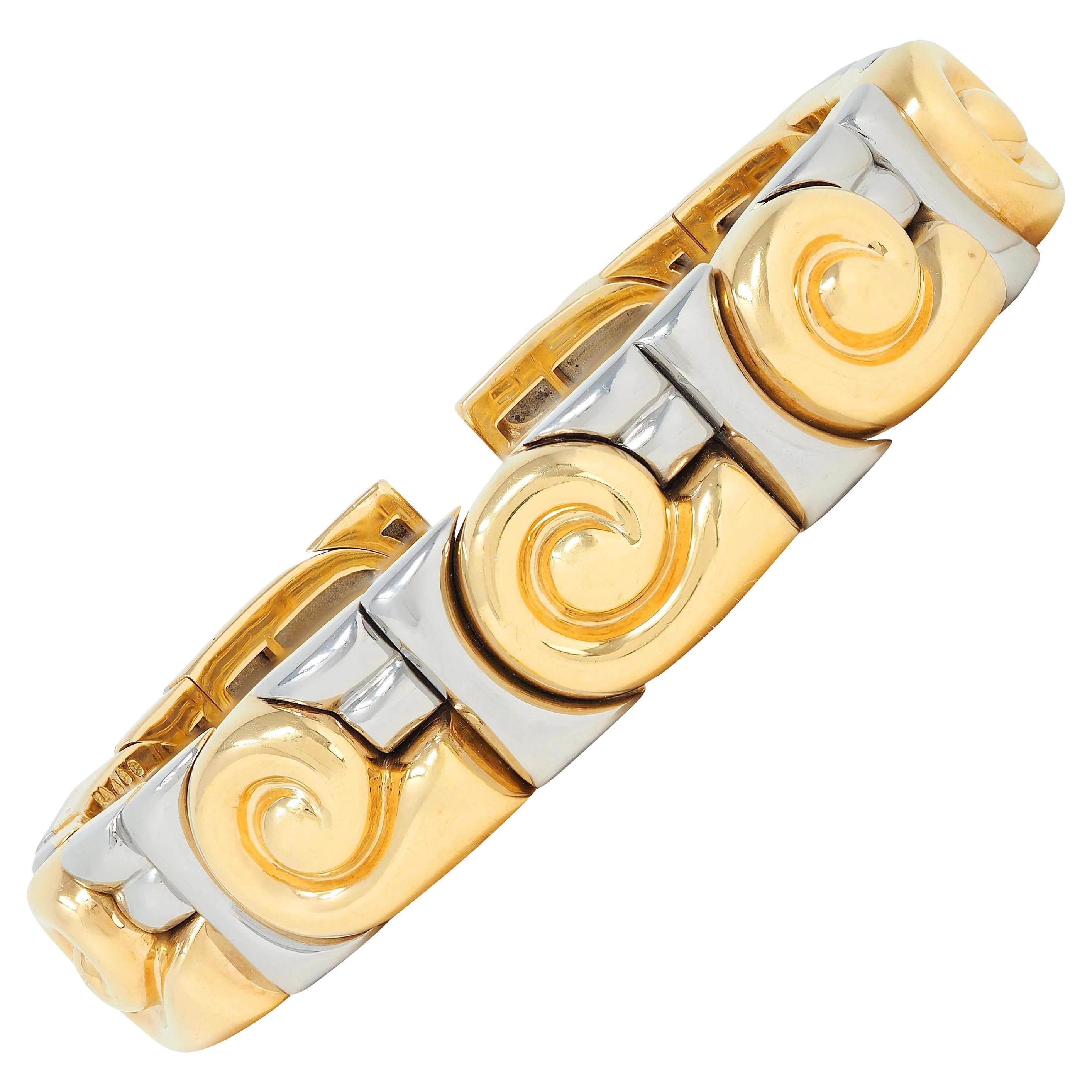 Bracelet manchette Bulgari 1990, or 18K, acier inoxydable, vintage Saetta Swirl en vente