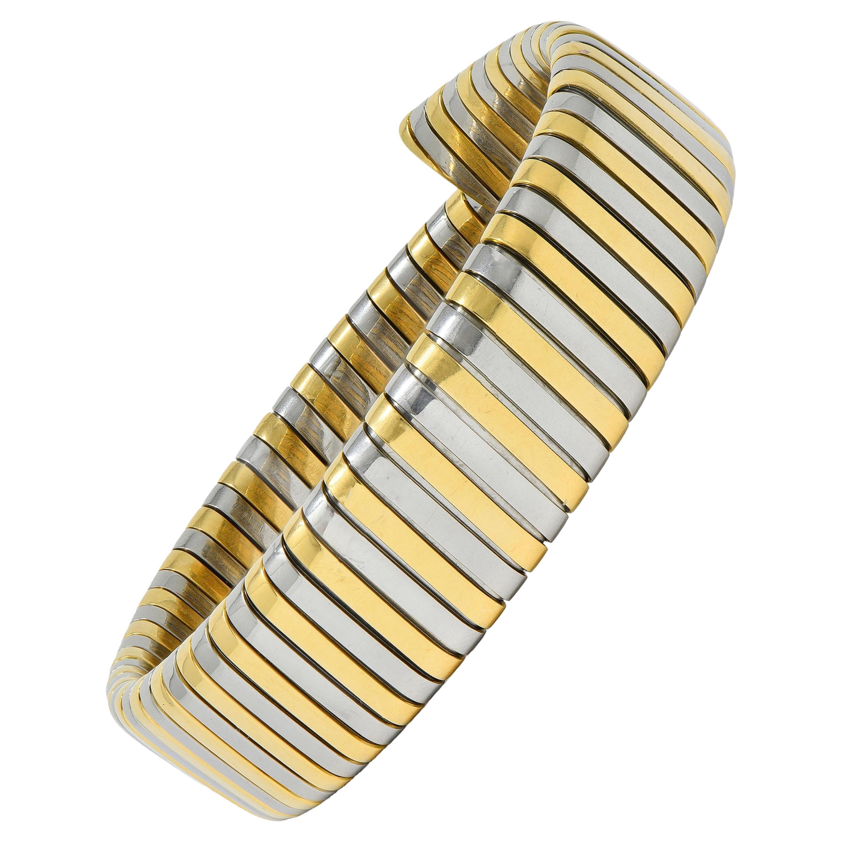 Bracciale Bulgari anni '90 in oro giallo 18 carati in acciaio inossidabile Tubogas Vintage in vendita