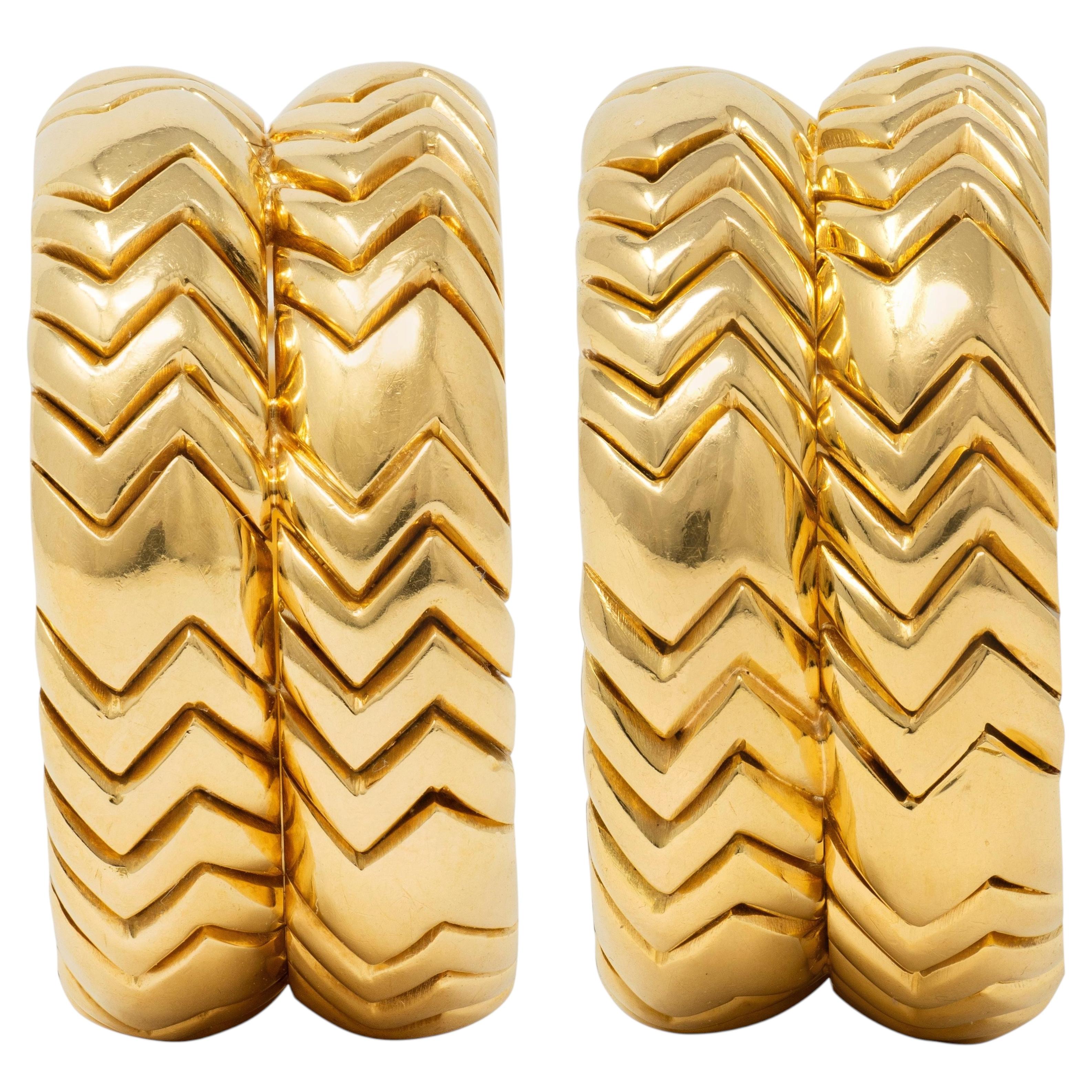 Orecchini Bulgari anni '90 in oro giallo 18 carati Vintage con doppia spiga a cerchio e orecchini a clip