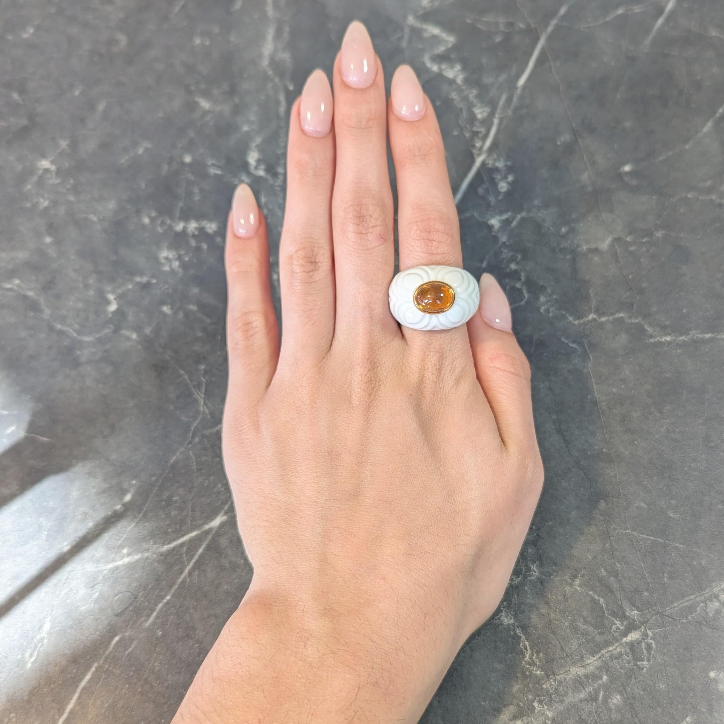 Bulgari 1990's Citrine Porcelain Ceramic 18 Karat Gold Chandra Vintage Ring For Sale 9