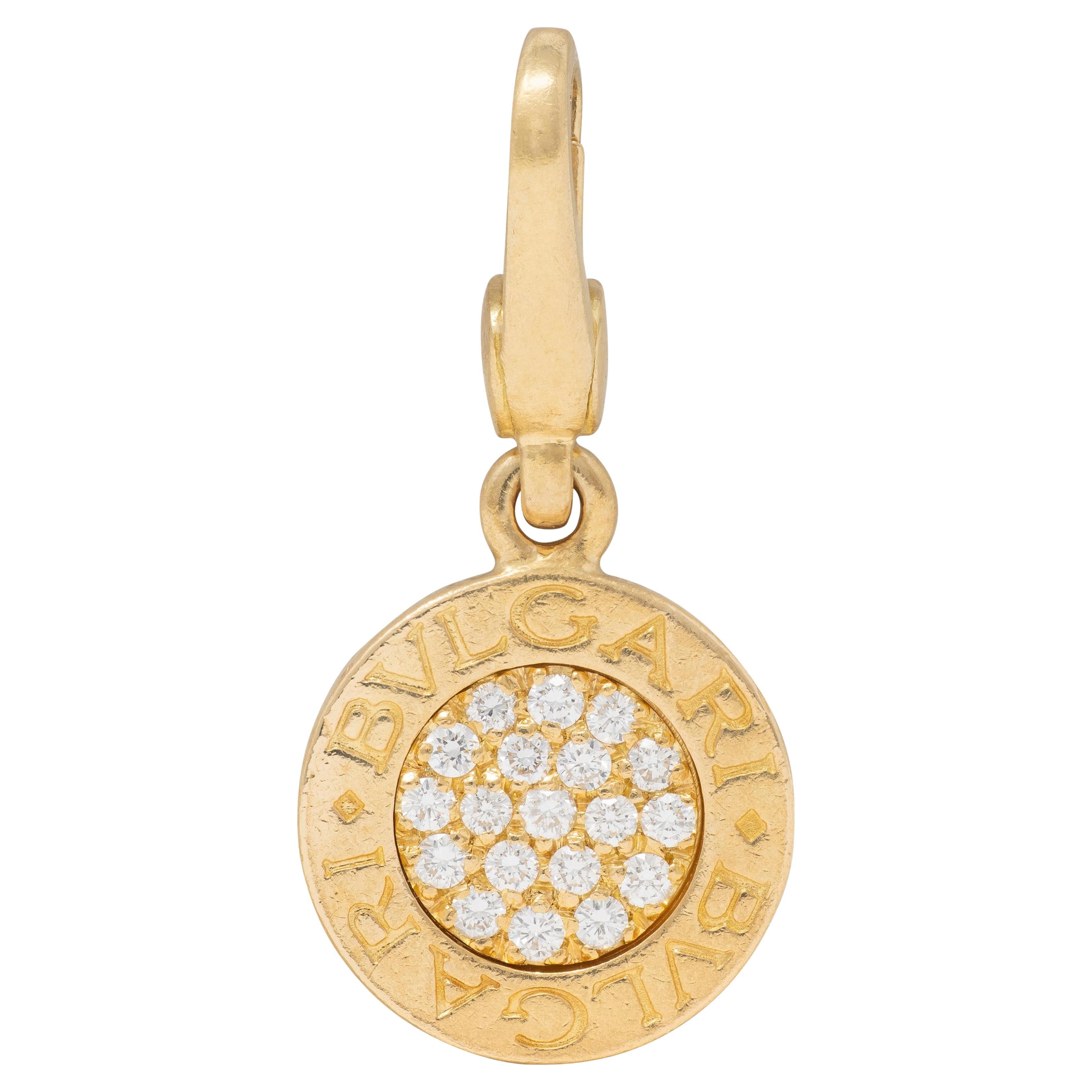 Bulgari 1990
s Diamond 18 Karat Yellow Gold Vintage Disk Pendant Charm For Sale