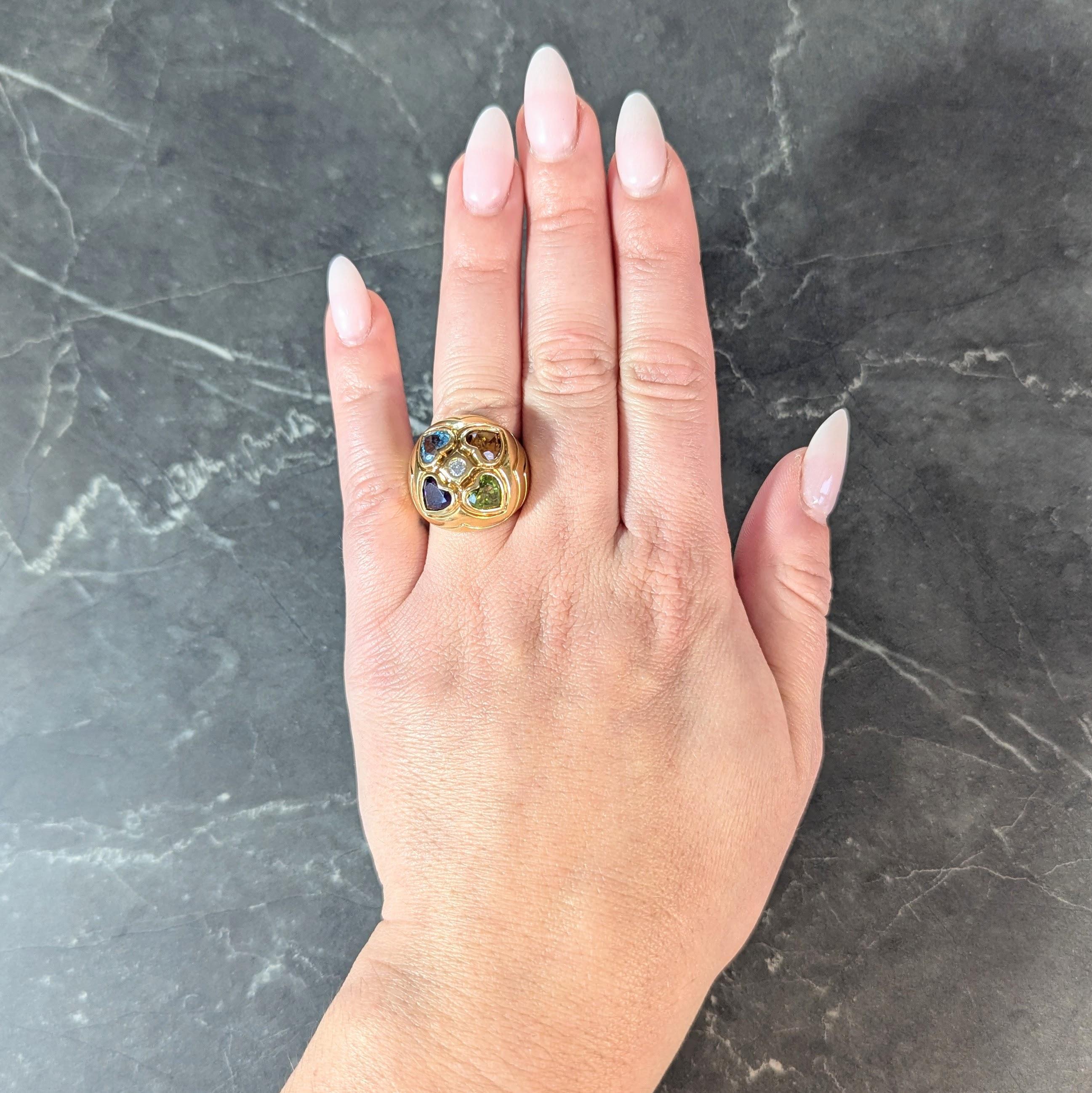 Bulgari 1990's Diamond Multi-Gem 18 Karat Gold Vintage Domed Heart Ring 7