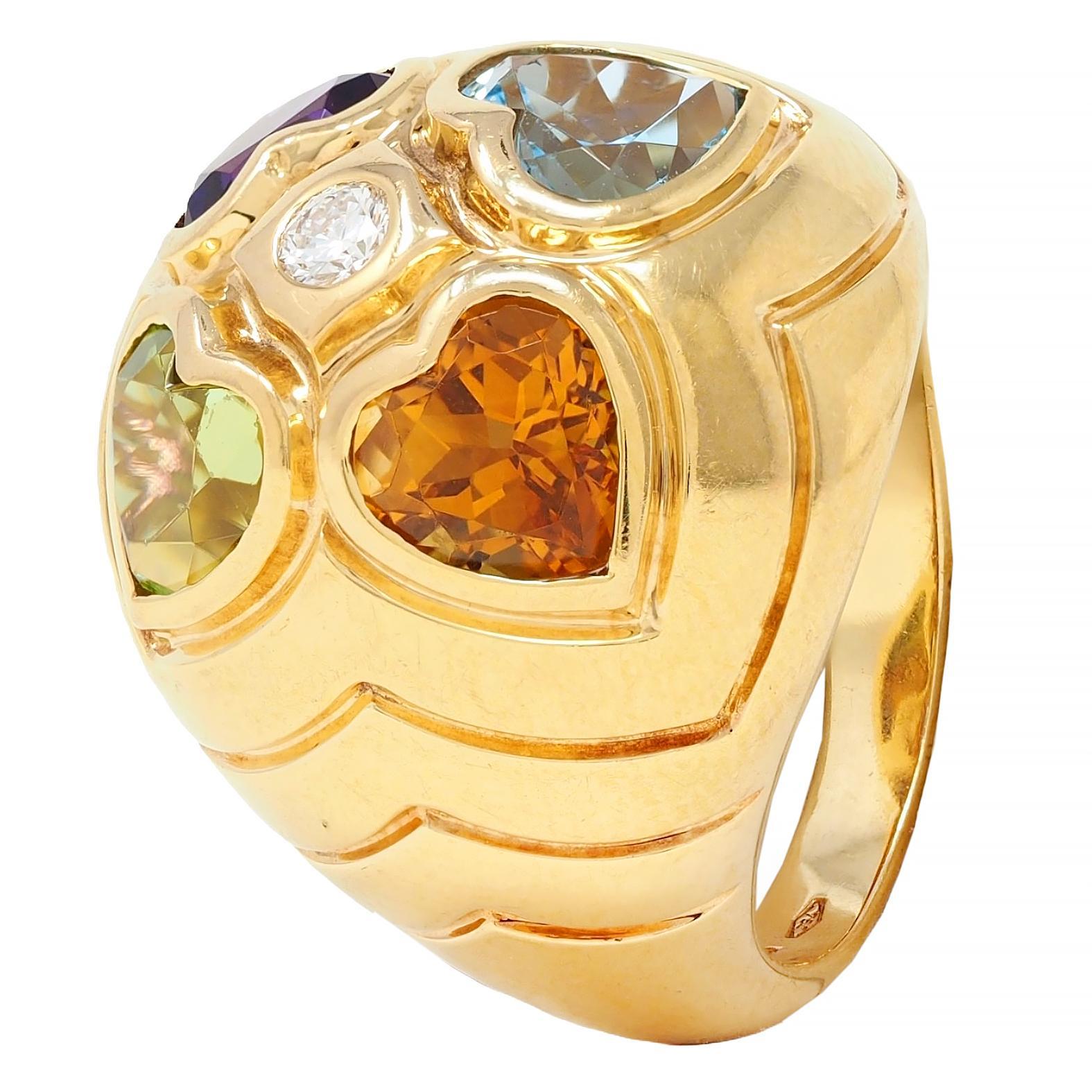 Women's or Men's Bulgari 1990's Diamond Multi-Gem 18 Karat Gold Vintage Domed Heart Ring