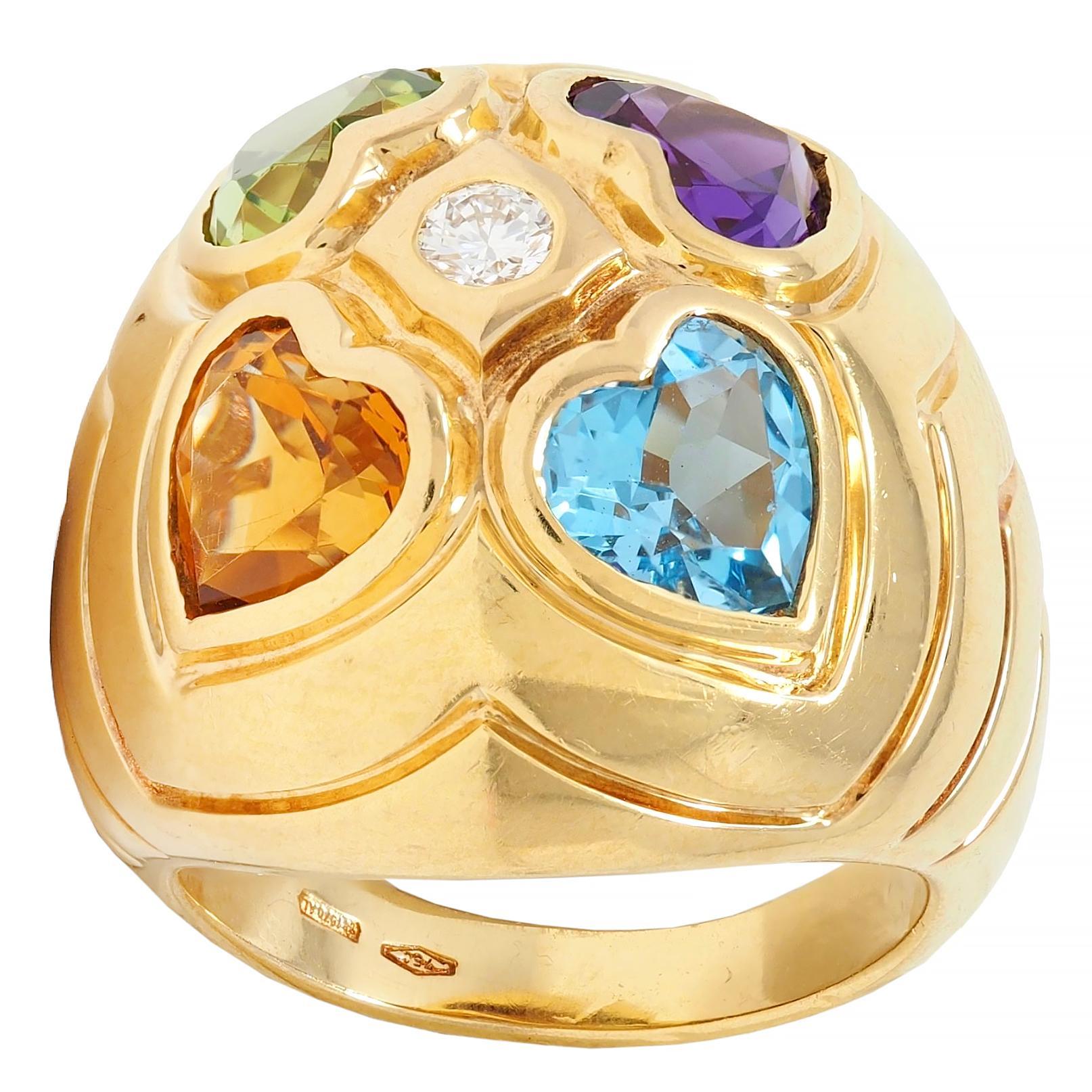 Bulgari 1990's Diamond Multi-Gem 18 Karat Gold Vintage Domed Heart Ring 1