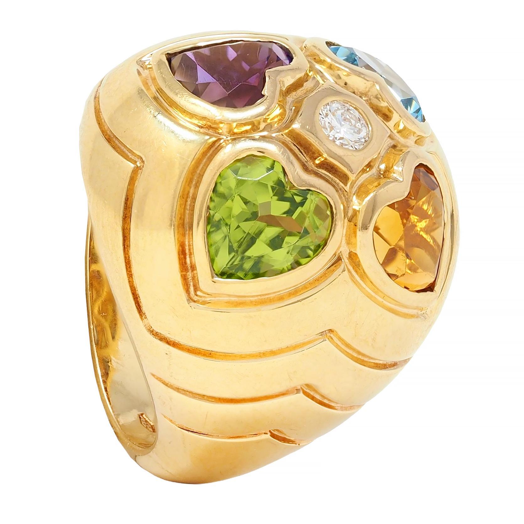 Bulgari 1990's Diamond Multi-Gem 18 Karat Gold Vintage Domed Heart Ring 3