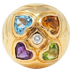 Bulgari Años 90 Anillo Corazón Cúpula Vintage Oro 18 Kilates Diamantes Multi-Gemas