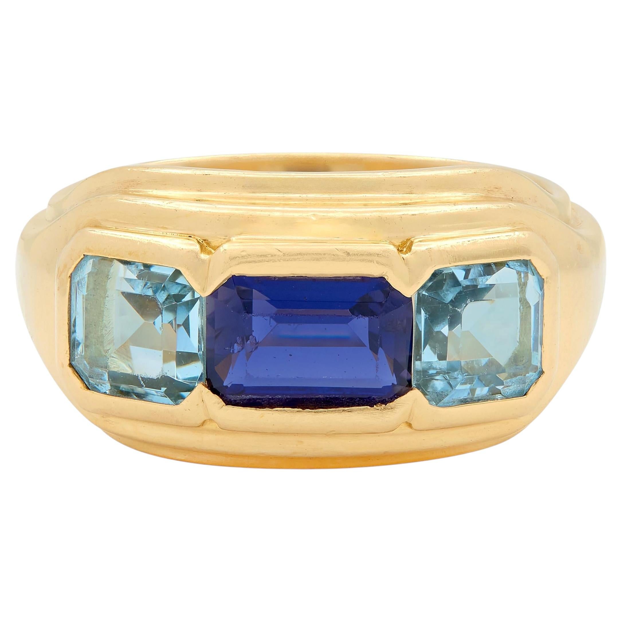 Bulgari 1990's Iolite Aquamarine 18 Karat Yellow Gold Vintage Three Stone Ring