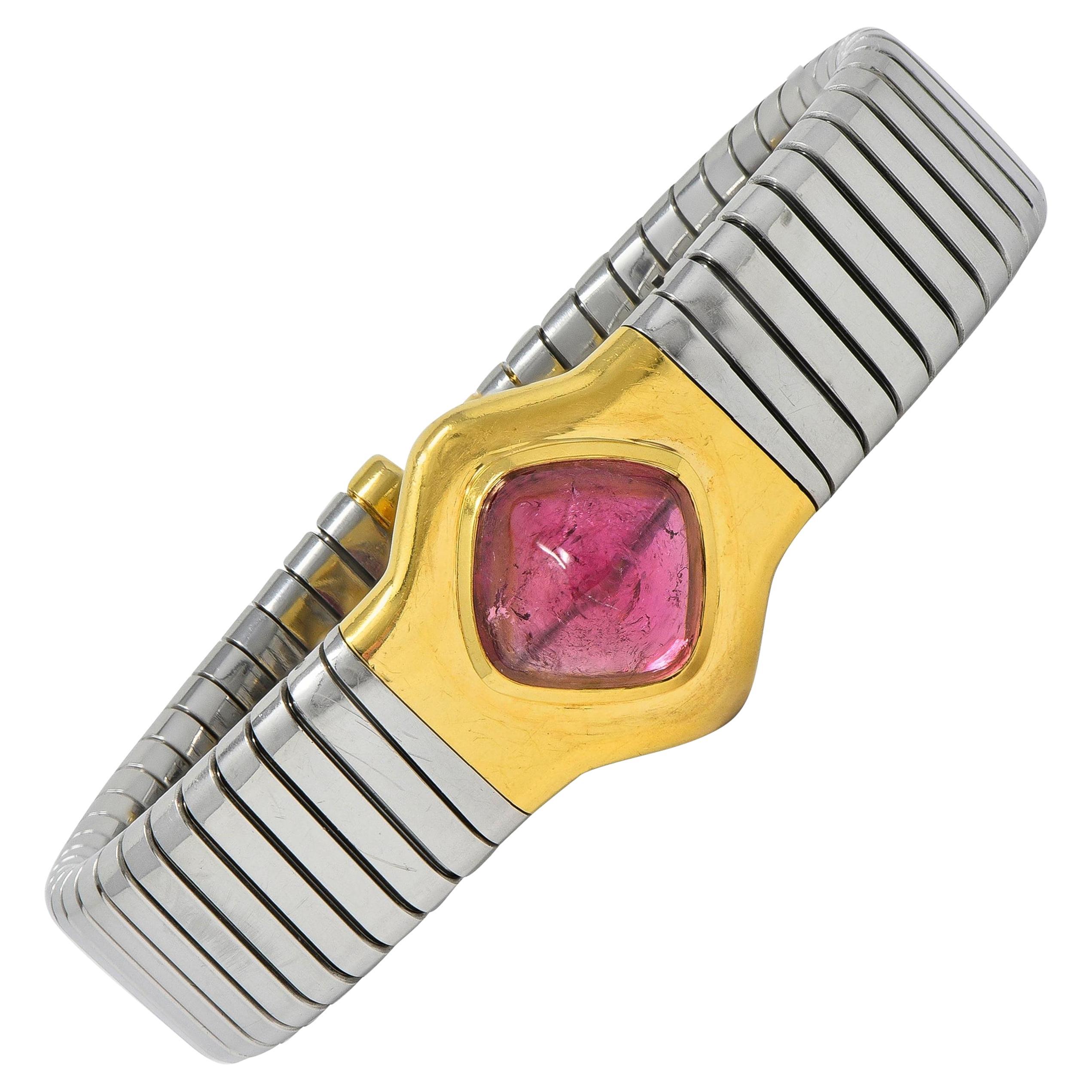 Bulgari 1990s Pink Tourmaline 18K Gold Steel Tubogas Vintage Cuff Bracelet