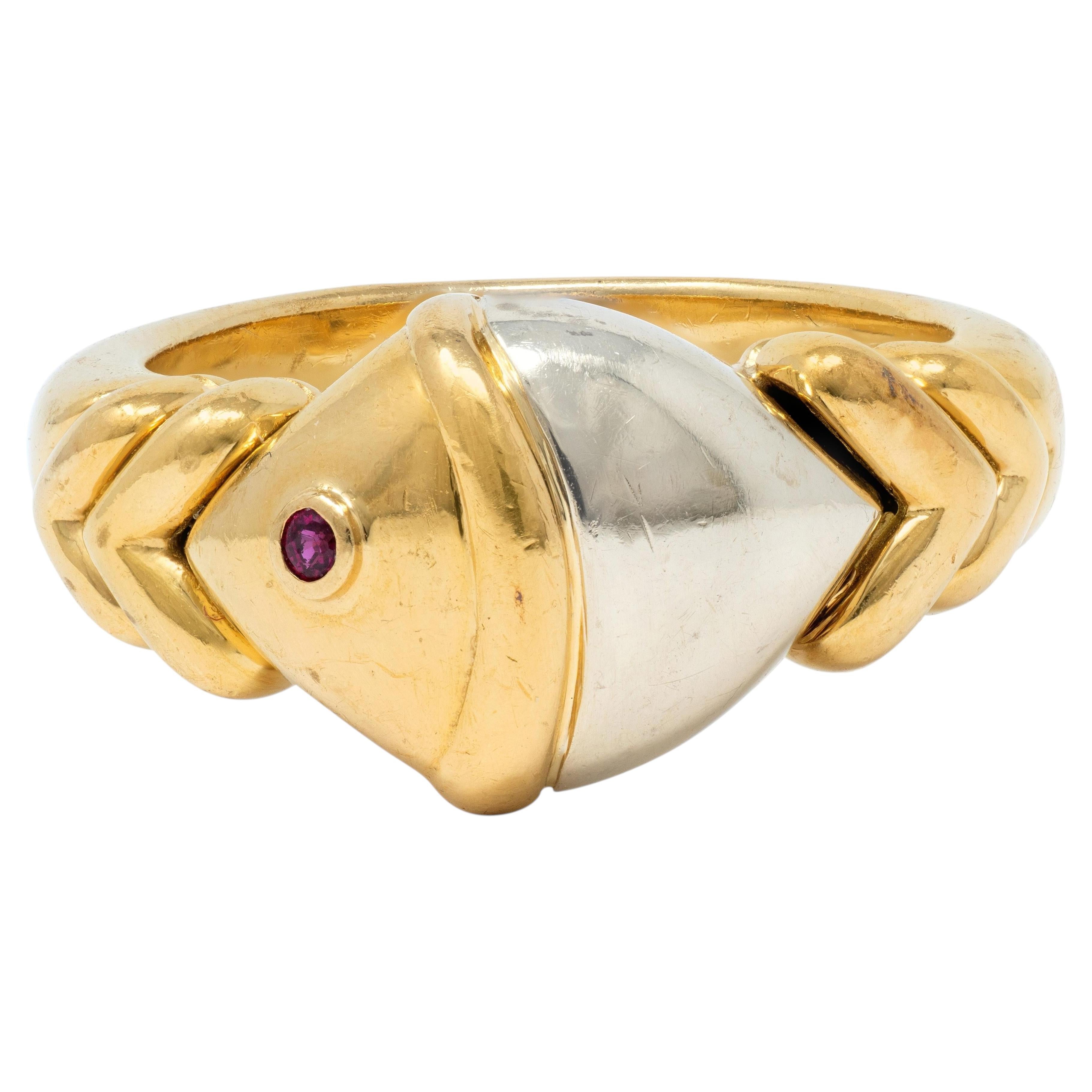 Bulgari 1990's Ruby 18 Karat Two-Tone Gold Naturalia Fish Ring at 1stDibs