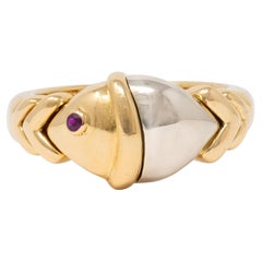 Bulgari 1990's Ruby 18 Karat Two-Tone Gold Vintage Naturalia Fish Ring