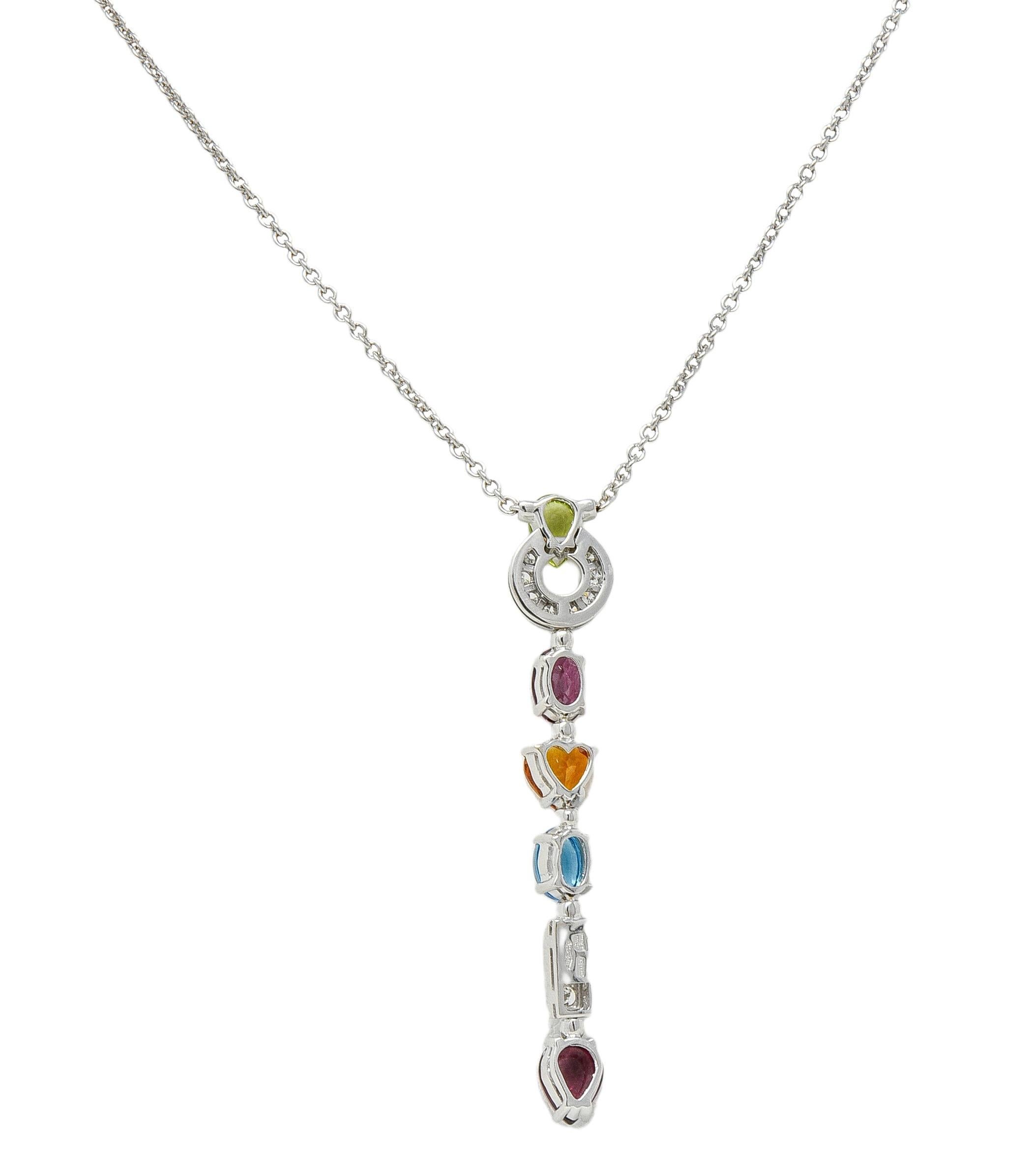 Bulgari 2000 Multi-Gem Diamond 18 Karat White Gold Allegra Drop Station Necklace In Excellent Condition For Sale In Philadelphia, PA