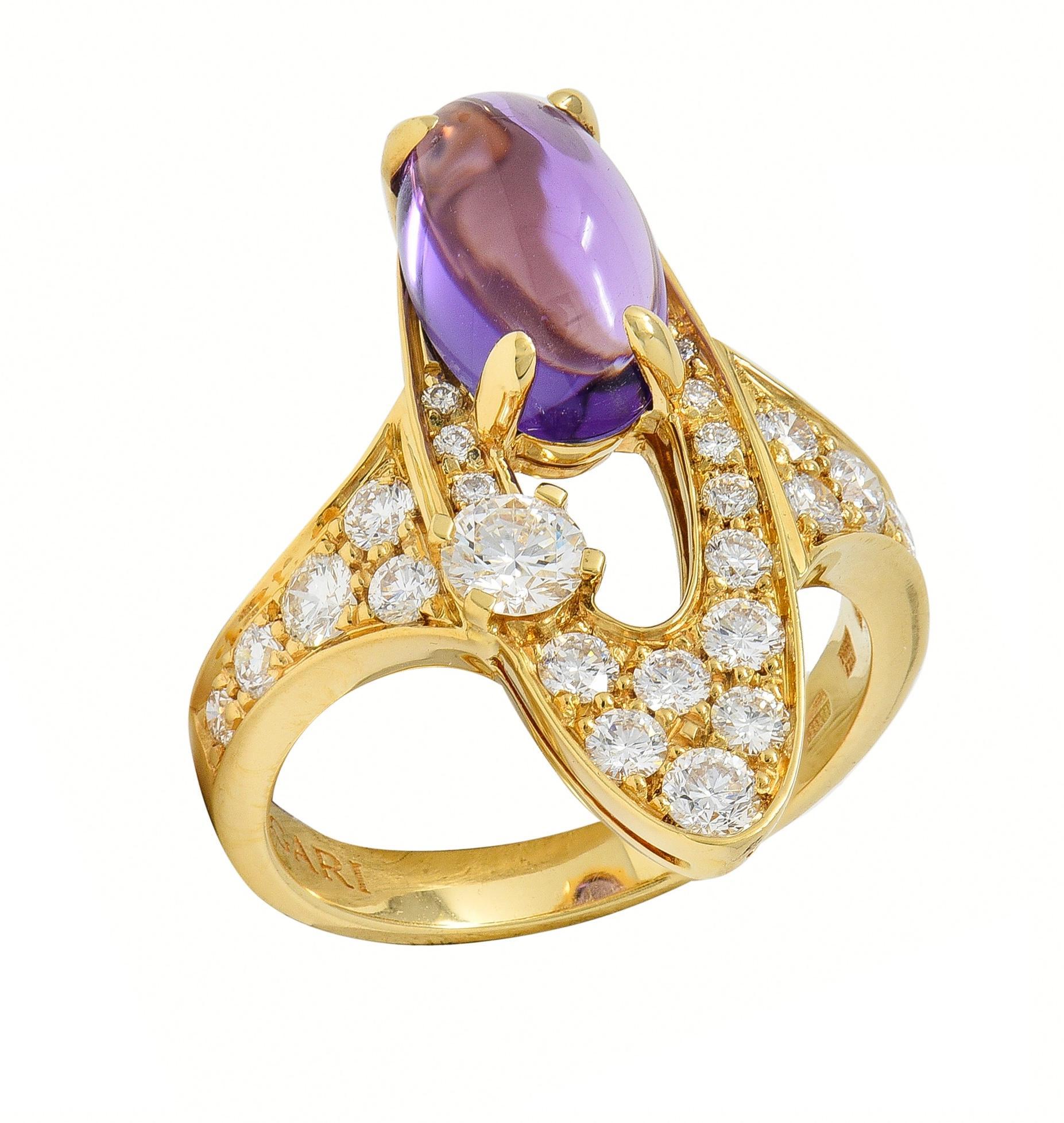 Bulgari 2000's Bague Elisia Navette Améthyste Diamant 3.45 CTW Or Jaune 18Kt en vente 4