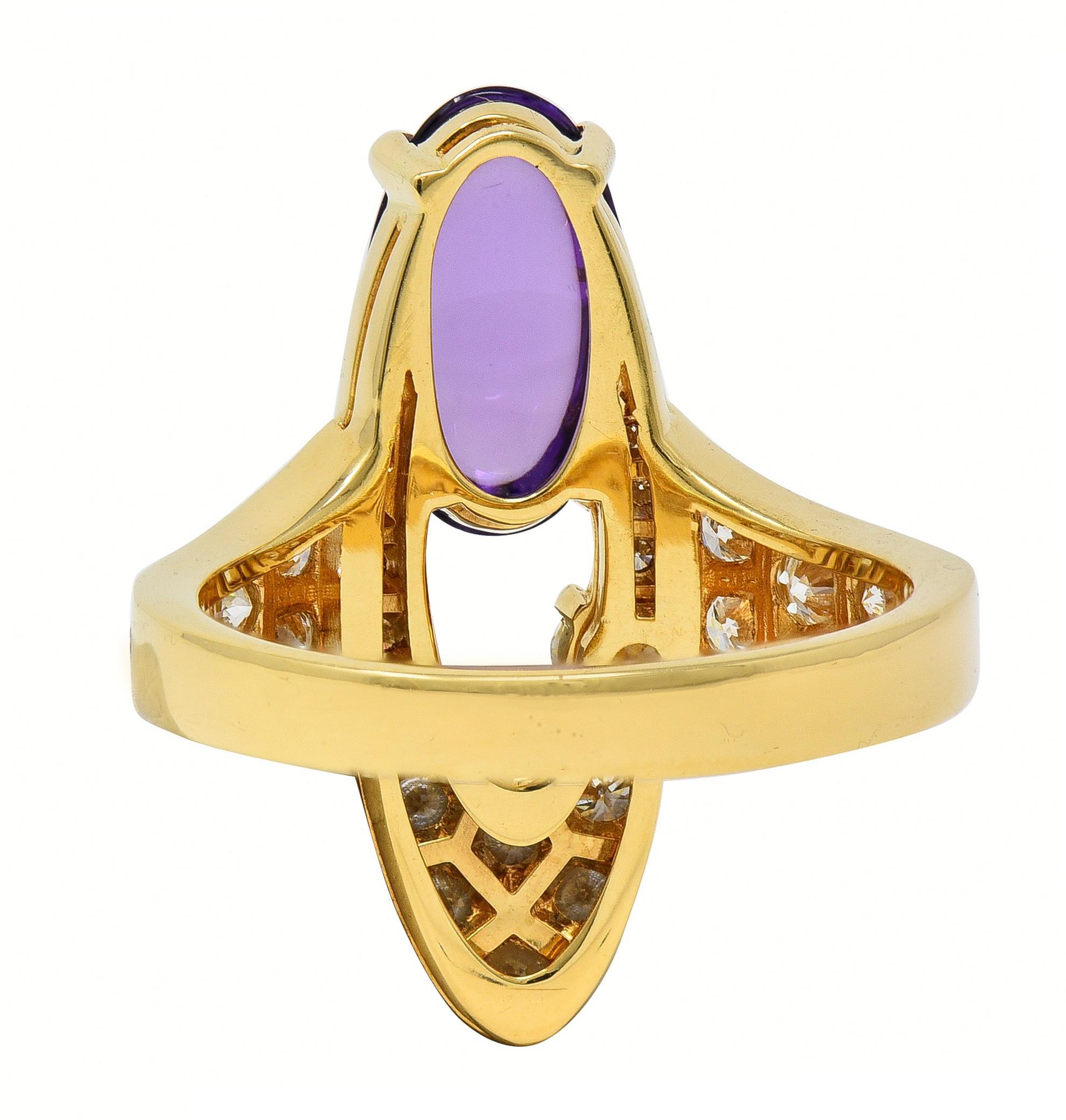 Taille cabochon Bulgari 2000's Bague Elisia Navette Améthyste Diamant 3.45 CTW Or Jaune 18Kt en vente