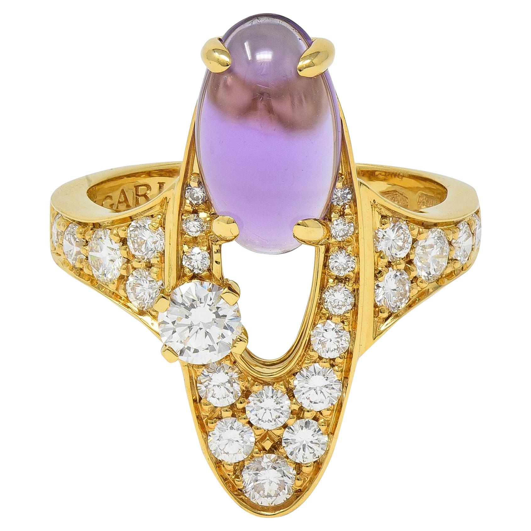 Bulgari 2000's Bague Elisia Navette Améthyste Diamant 3.45 CTW Or Jaune 18Kt