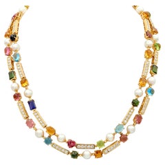 Bulgari 2000's Pearl Multi-Gem Diamond 18K Gold Contemporary Allegra Necklace