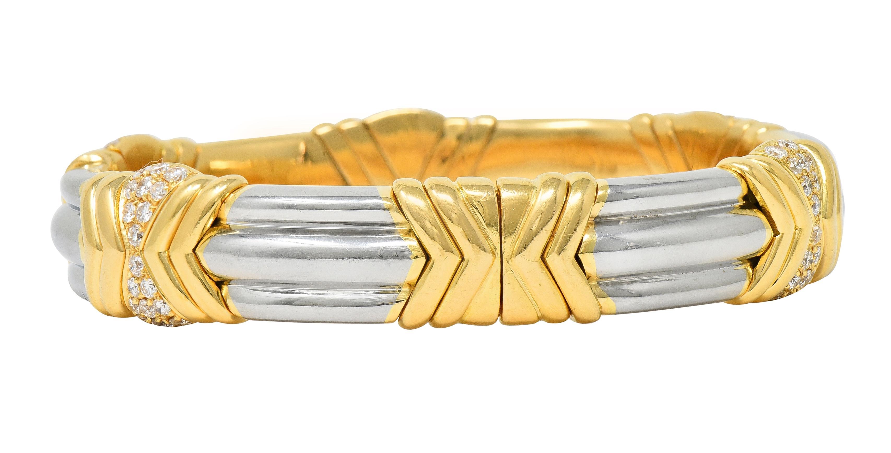 Women's or Men's Bulgari 2.60 CTW Diamond 18 Karat Yellow Gold Steel Vintage Cuff Bracelet