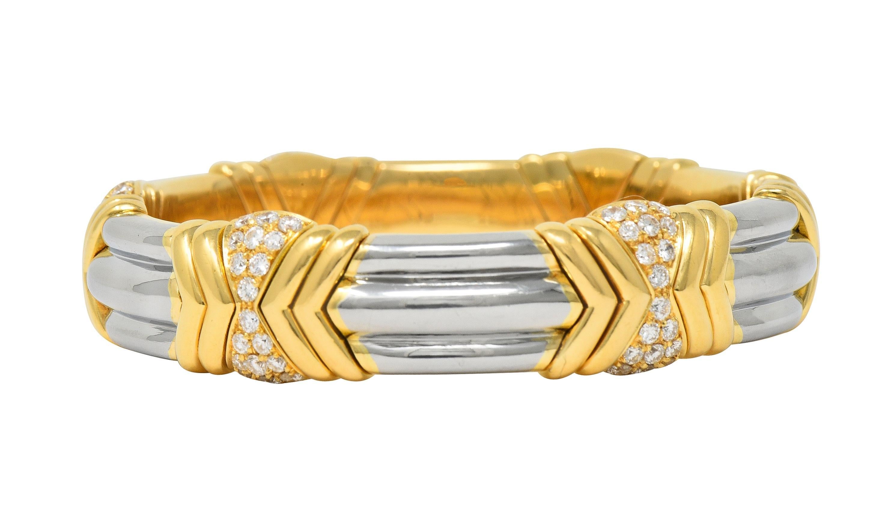 Bulgari 2.60 CTW Diamond 18 Karat Yellow Gold Steel Vintage Cuff Bracelet 2