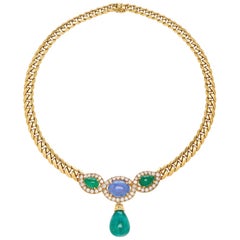 Bulgari 27 Carat Emerald Drop Yellow Gold Necklace with Sapphires and Diamonds