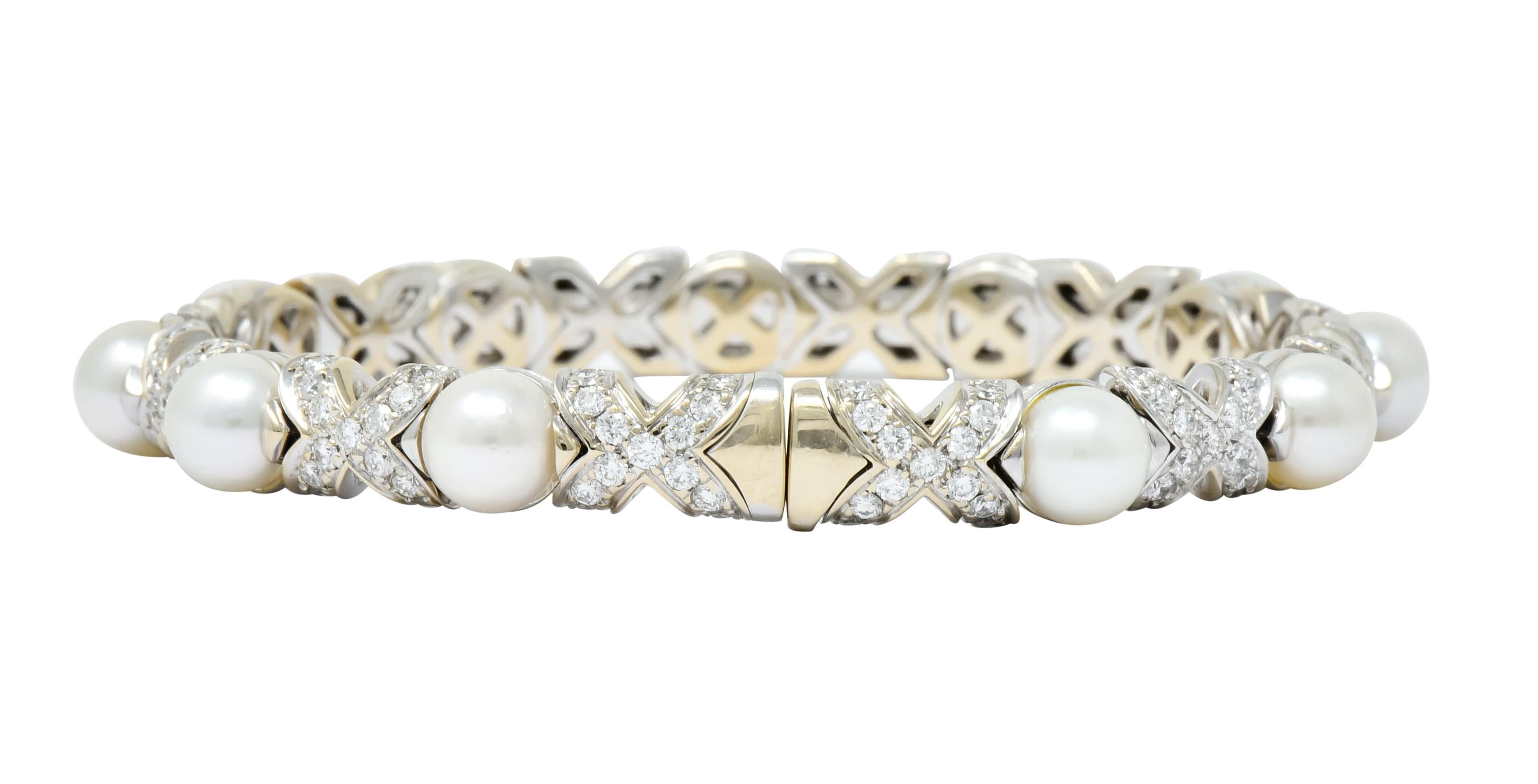 Round Cut Bulgari 2.88 Carat Diamond Cultured Pearl 18 Karat White Gold X Cuff Bracelet