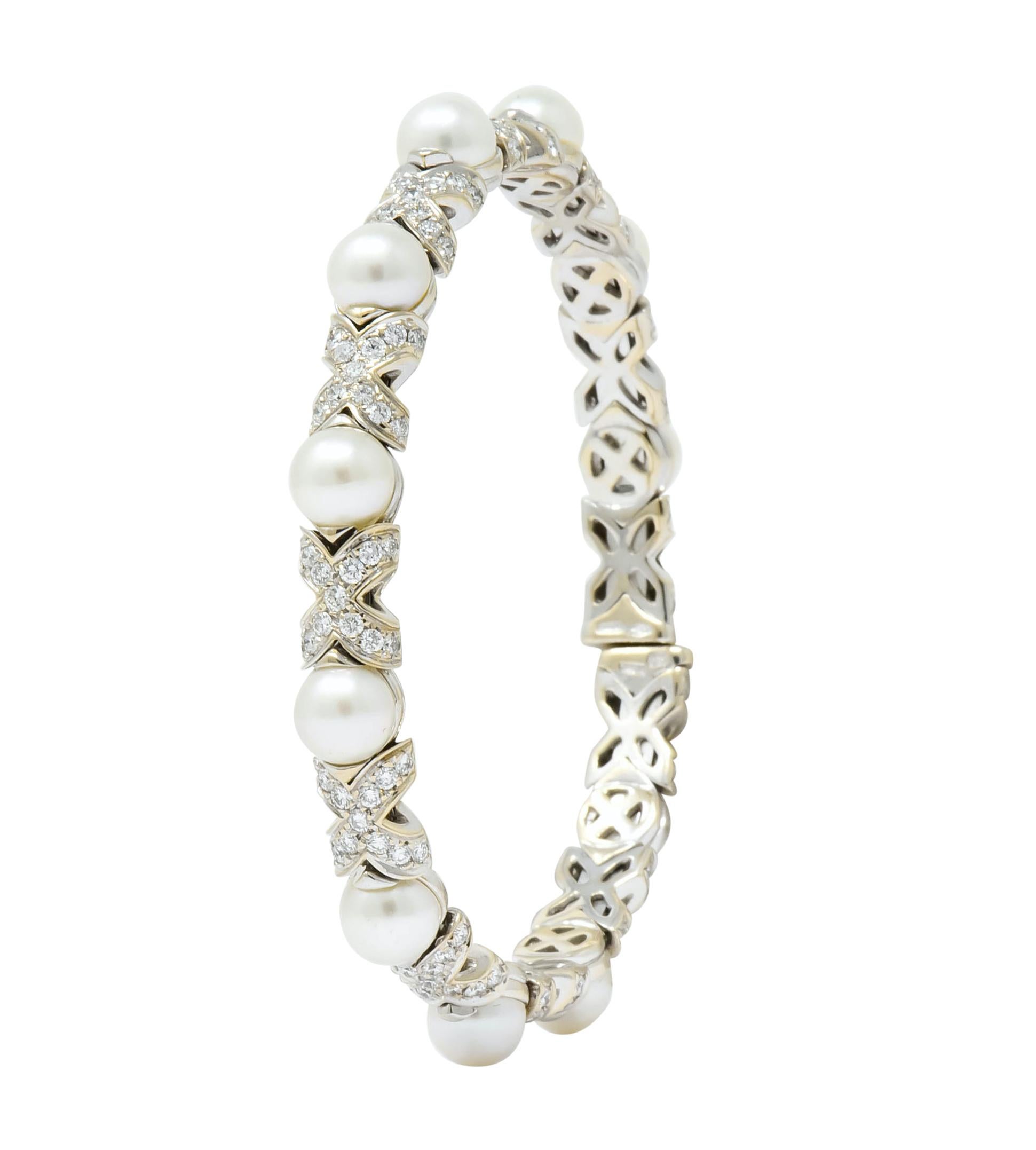 Bulgari 2.88 Carat Diamond Cultured Pearl 18 Karat White Gold X Cuff Bracelet 2