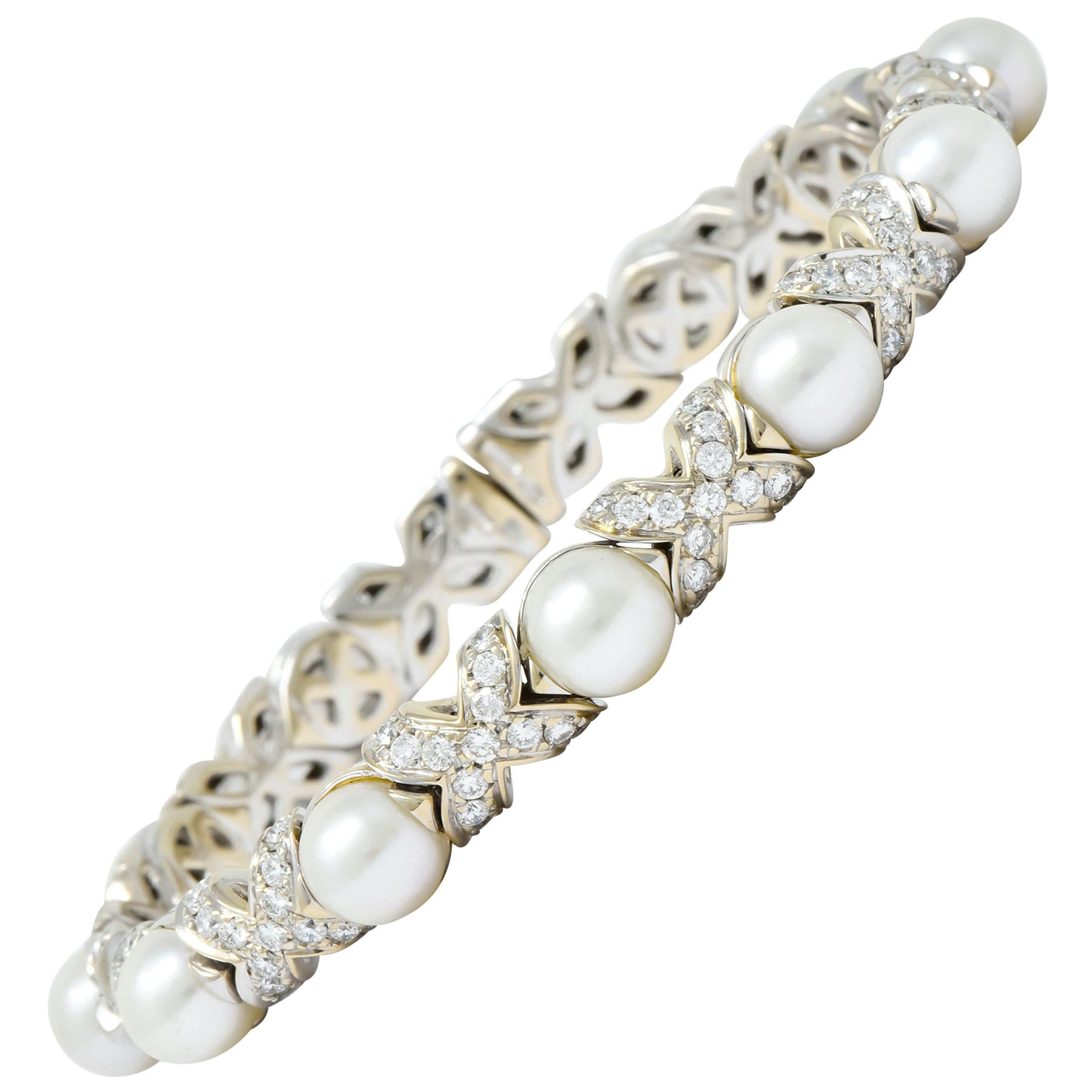 Bulgari 2.88 Carat Diamond Cultured Pearl 18 Karat White Gold X Cuff Bracelet