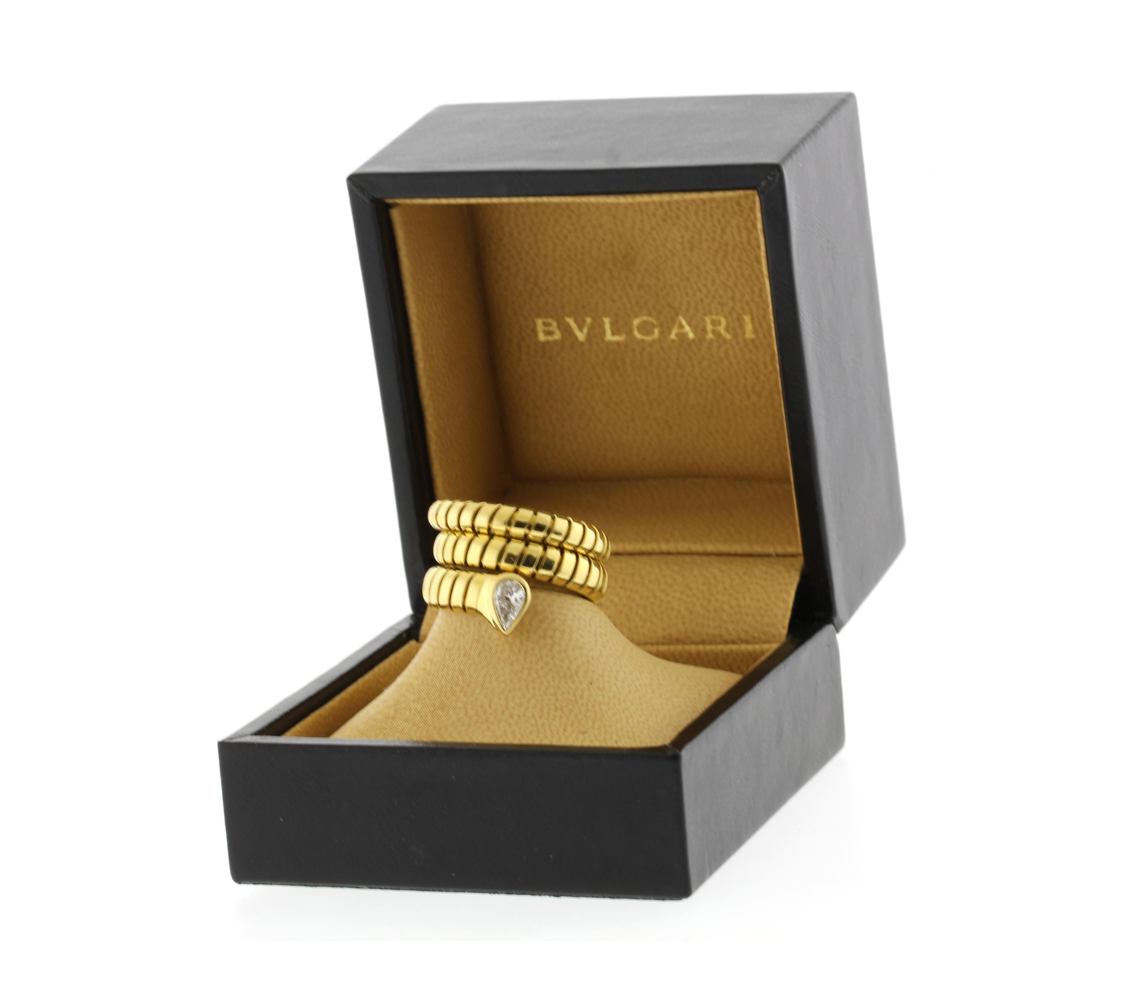 From the house of Bulgari, thier iconic three coil pear-shape diamond ring
• Designer: Bulgari
• Metal:  18 karat gold
• Circa: 1990s
• Size: 6,stretch 5 ½-6½
• Pear-shape cut diamond weighs .37 carat G VS
• Packaging: Bulgari Box

