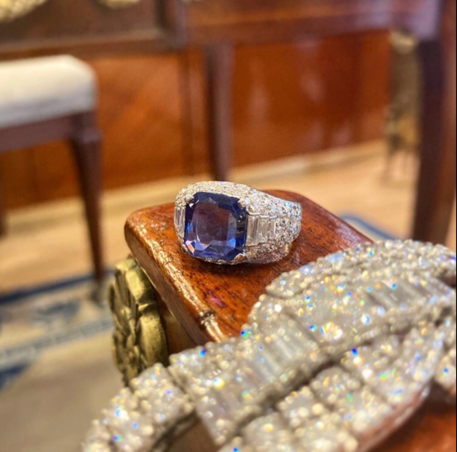 A classic Bulgari 18 karat white gold trombino ring centering a 3.75 carat no-heat Burma sapphire, bordered by diamonds. Made in Italy, circa 1970.