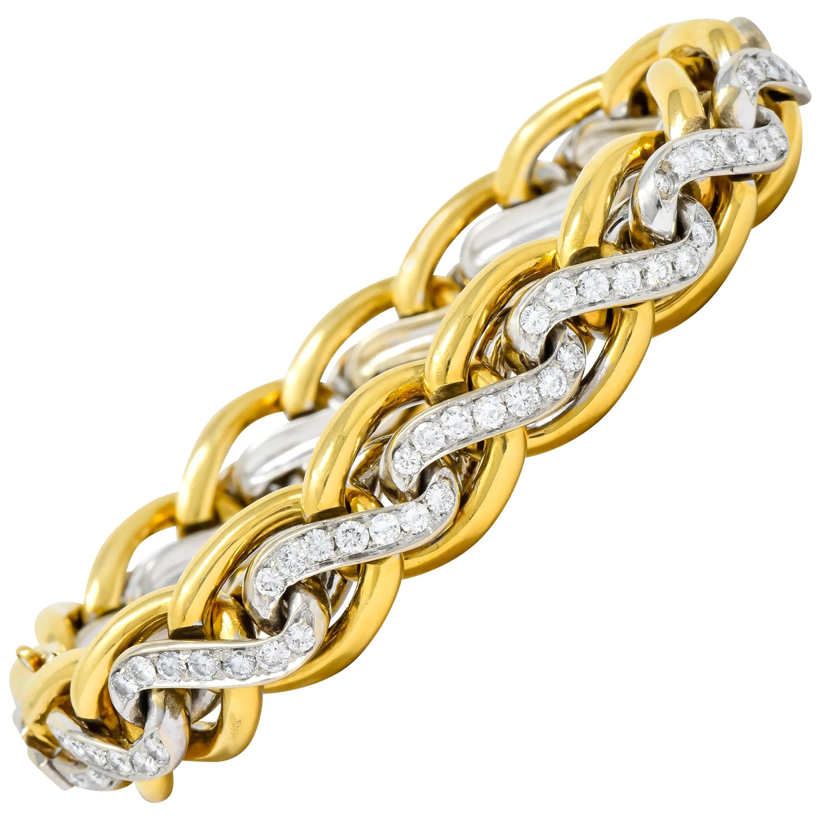 Bulgari Diamond 18 Karat Two-Tone Gold Curb Link Bracelet, circa 1980