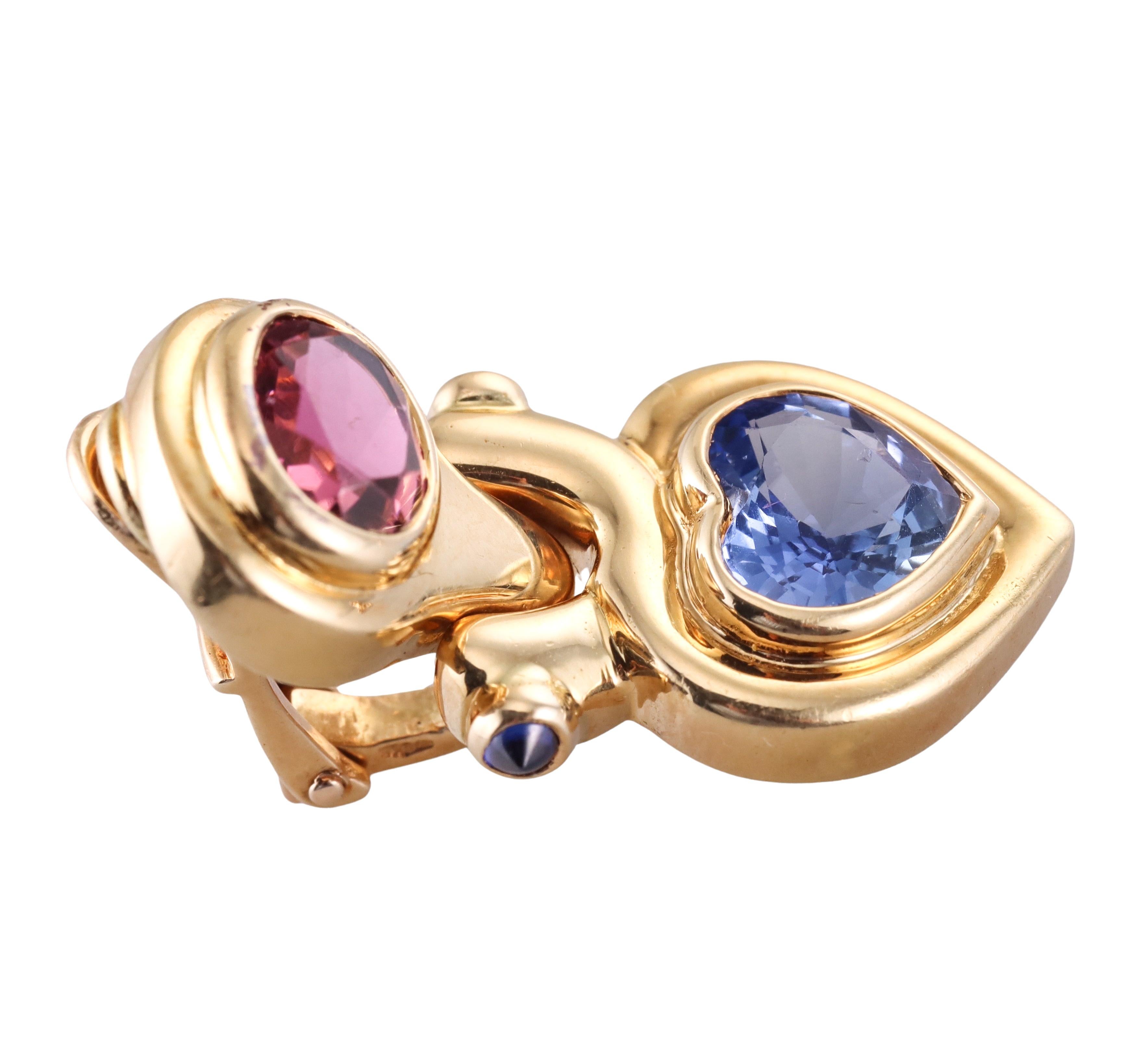 Bulgari 4.69cts Pink and Blue Sapphire Gold Heart Earrings In Excellent Condition In New York, NY