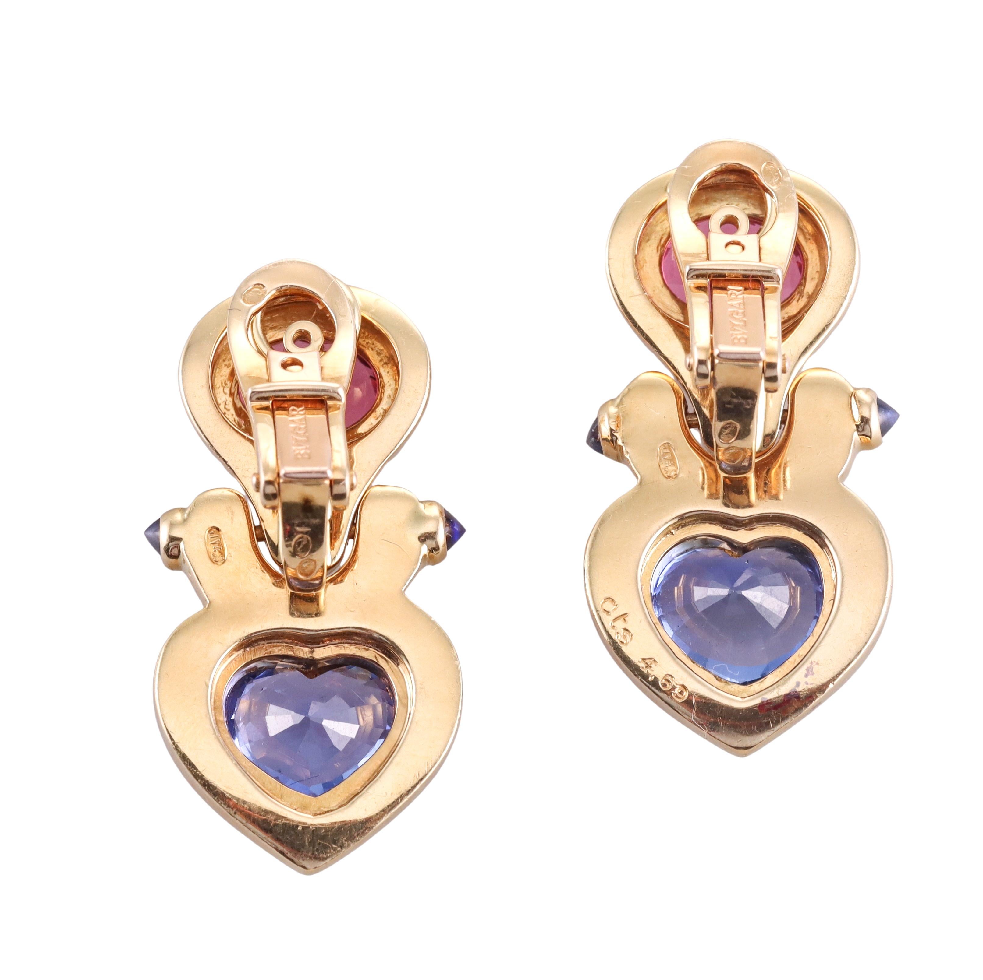 Bulgari 4.69cts Pink and Blue Sapphire Gold Heart Earrings 1