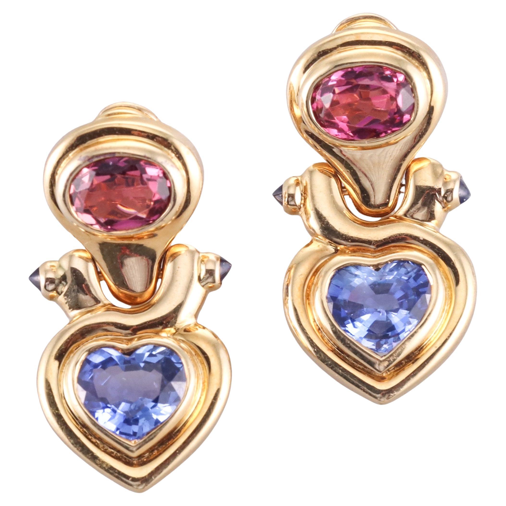 Bulgari 4.69cts Pink and Blue Sapphire Gold Heart Earrings