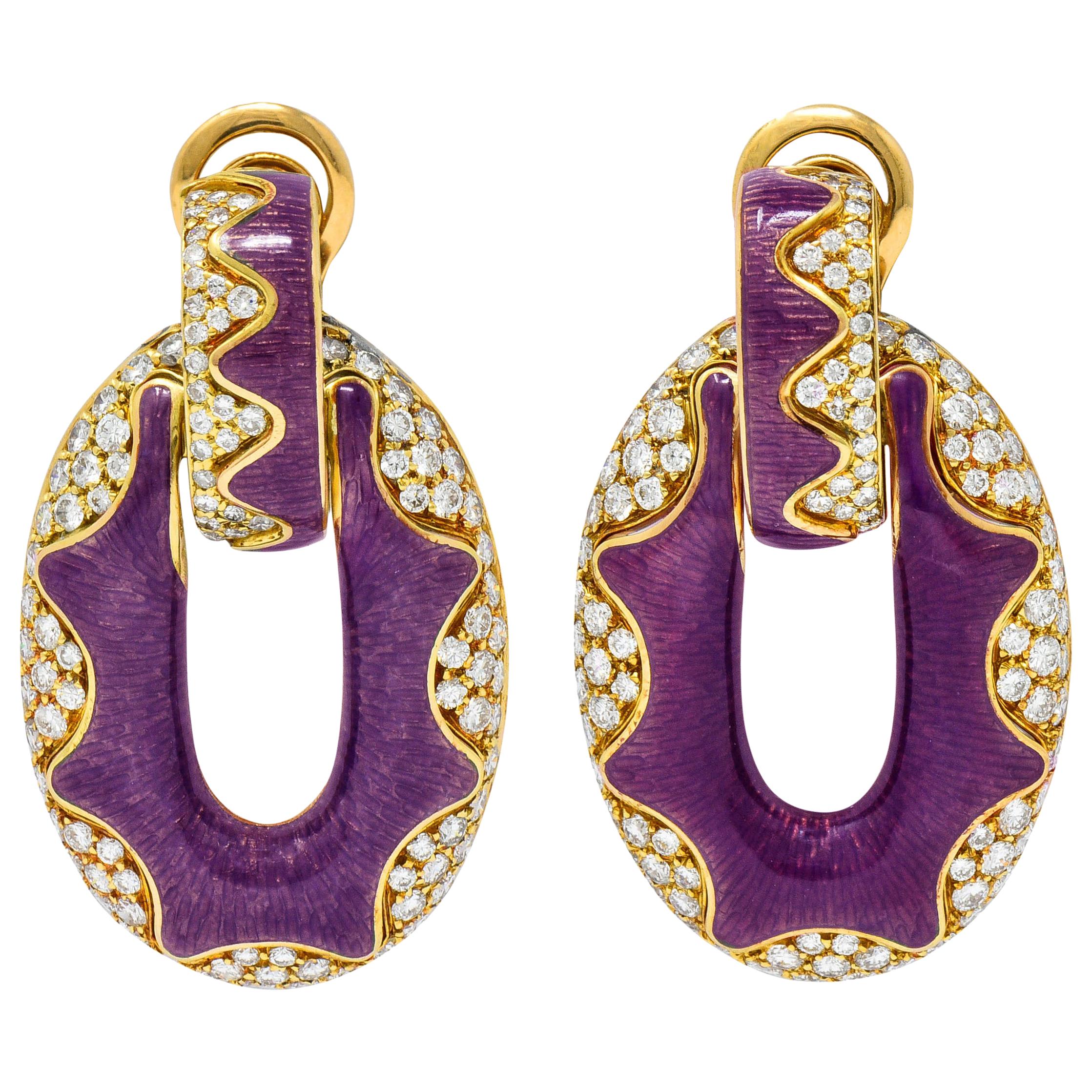 Bulgari 5.50 Carat Pave Diamond Enamel 18 Karat Gold Doorknocker Earrings