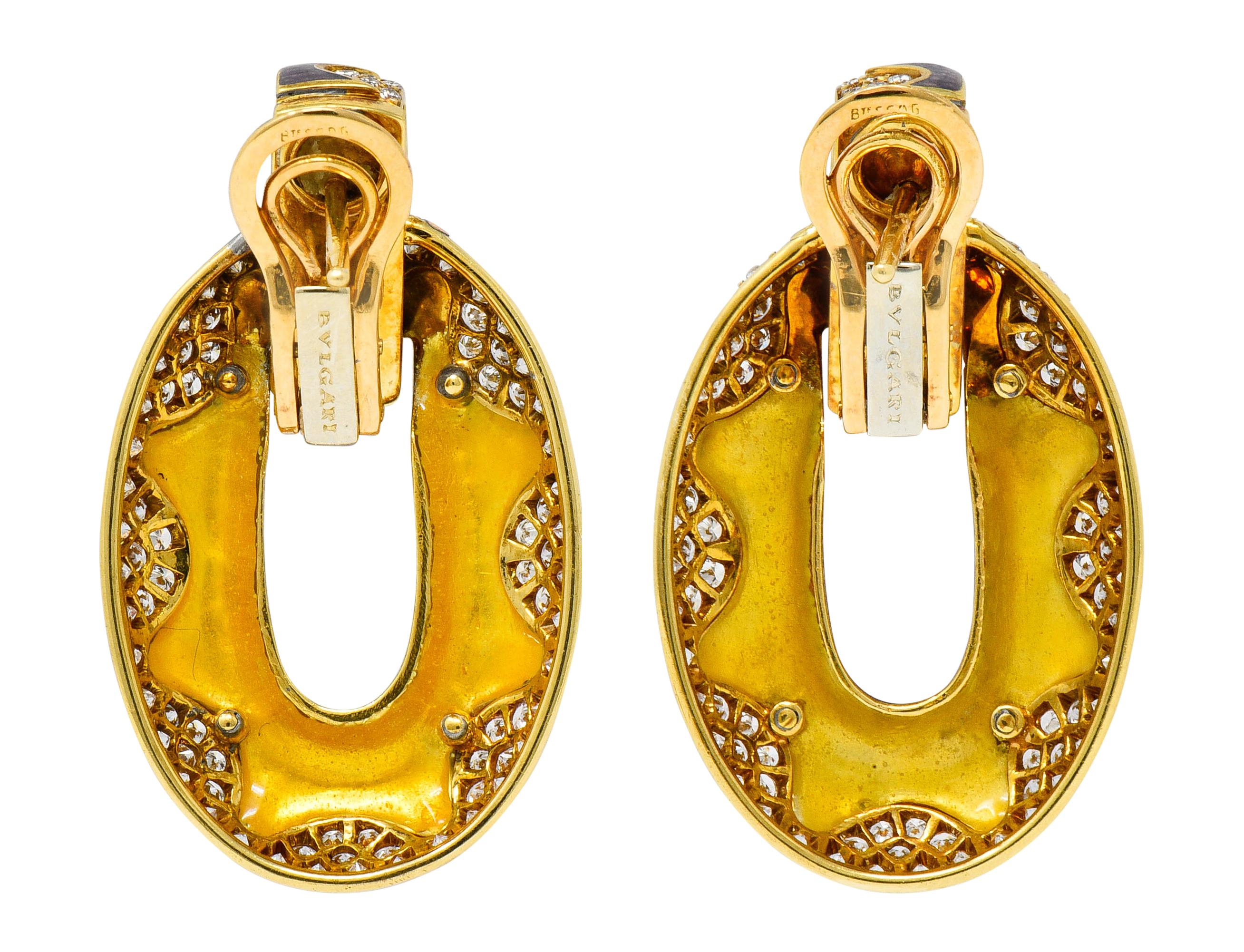 Contemporary Bulgari 5.50 Carat Pave Diamond Enamel 18 Karat Gold Doorknocker Earrings