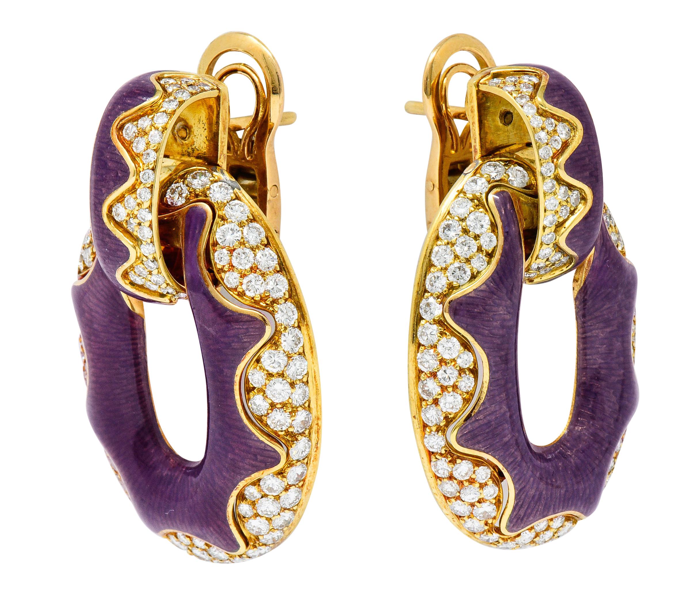 Women's or Men's Bulgari 5.50 Carat Pave Diamond Enamel 18 Karat Gold Doorknocker Earrings