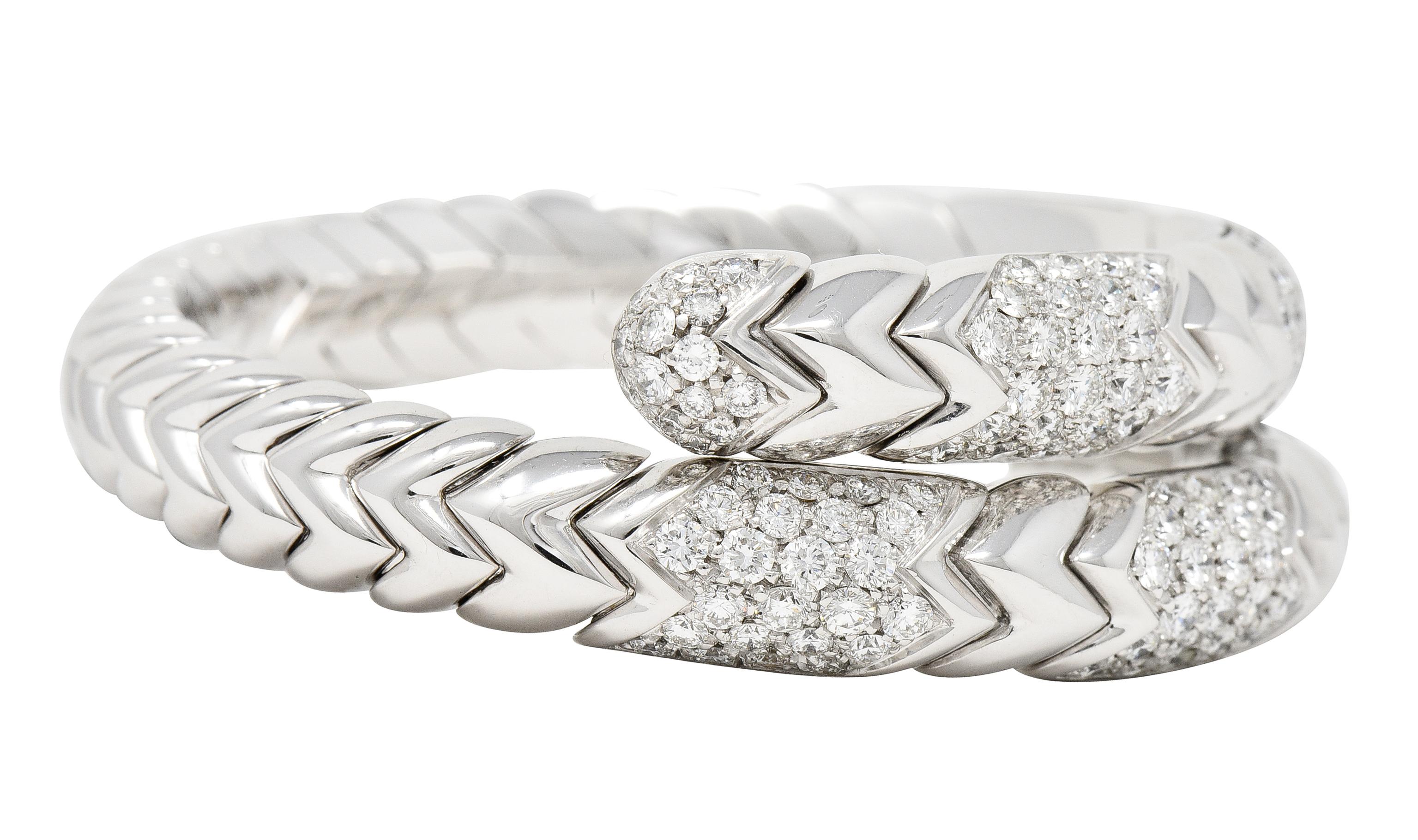 Brilliant Cut Bulgari 6.50 Carat Diamond 18 Karat White Gold Spiga Serpenti Wrap Cuff Bracelet