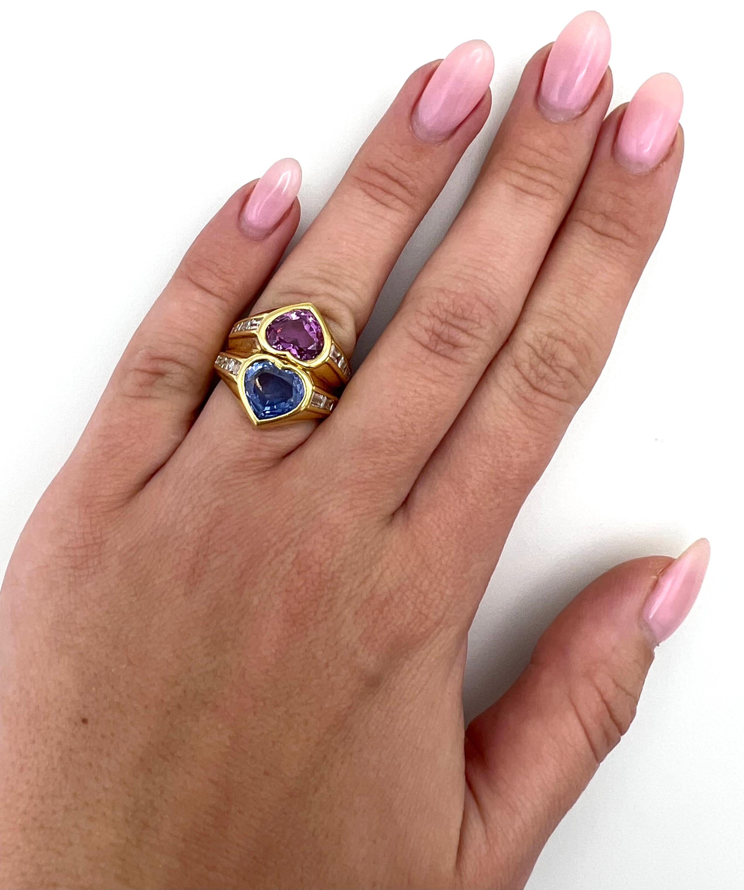Bulgari 7.67 Carat Blue and Pink Sapphire and Diamond Double Heart Ring w/ GIA 2