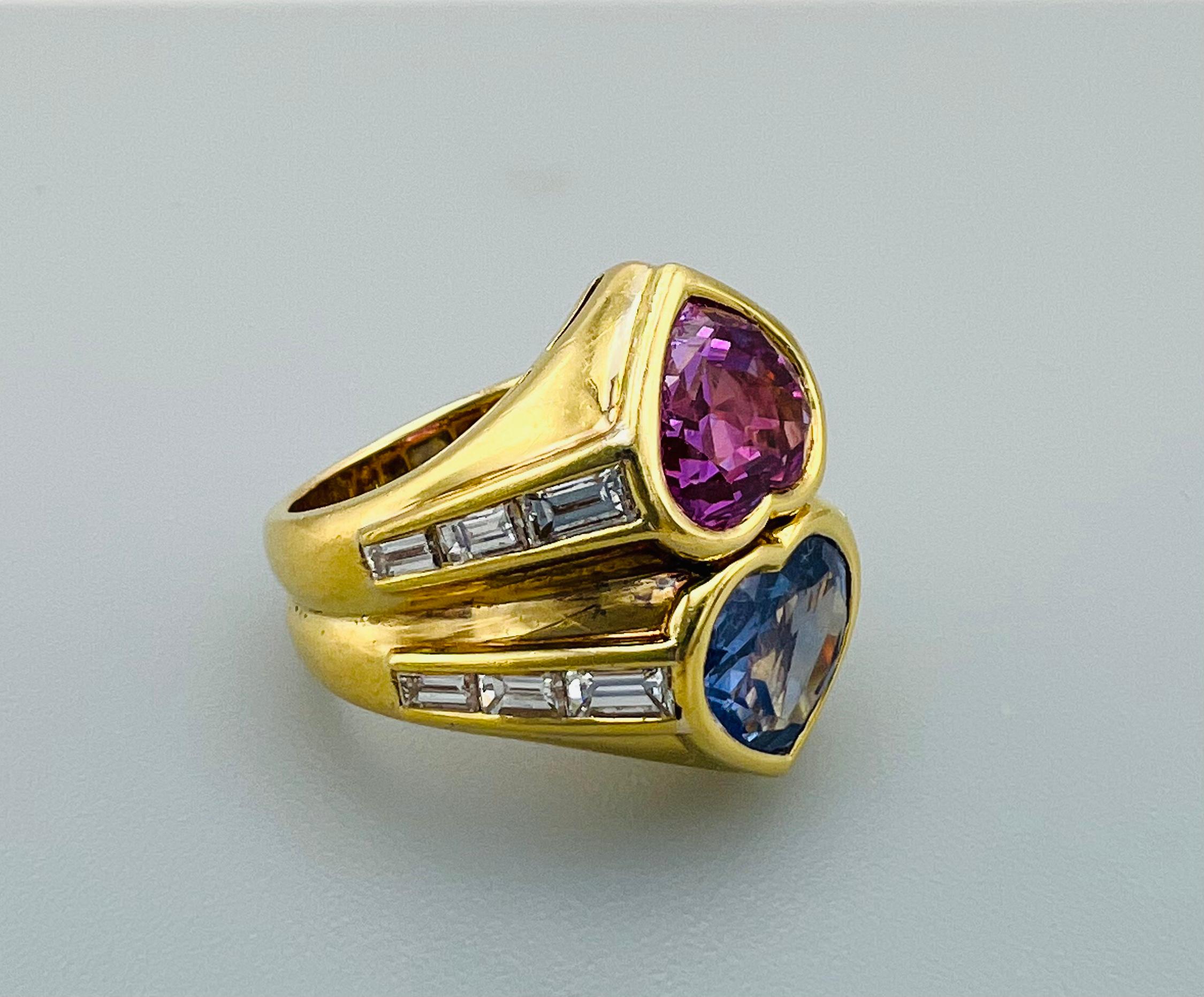 Bulgari 7.67 Carat Blue and Pink Sapphire and Diamond Double Heart Ring w/ GIA In Excellent Condition In Beverly Hills, CA