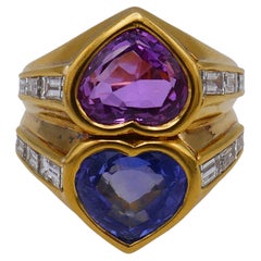 Retro Bulgari 7.67 Carat Blue and Pink Sapphire and Diamond Double Heart Ring w/ GIA
