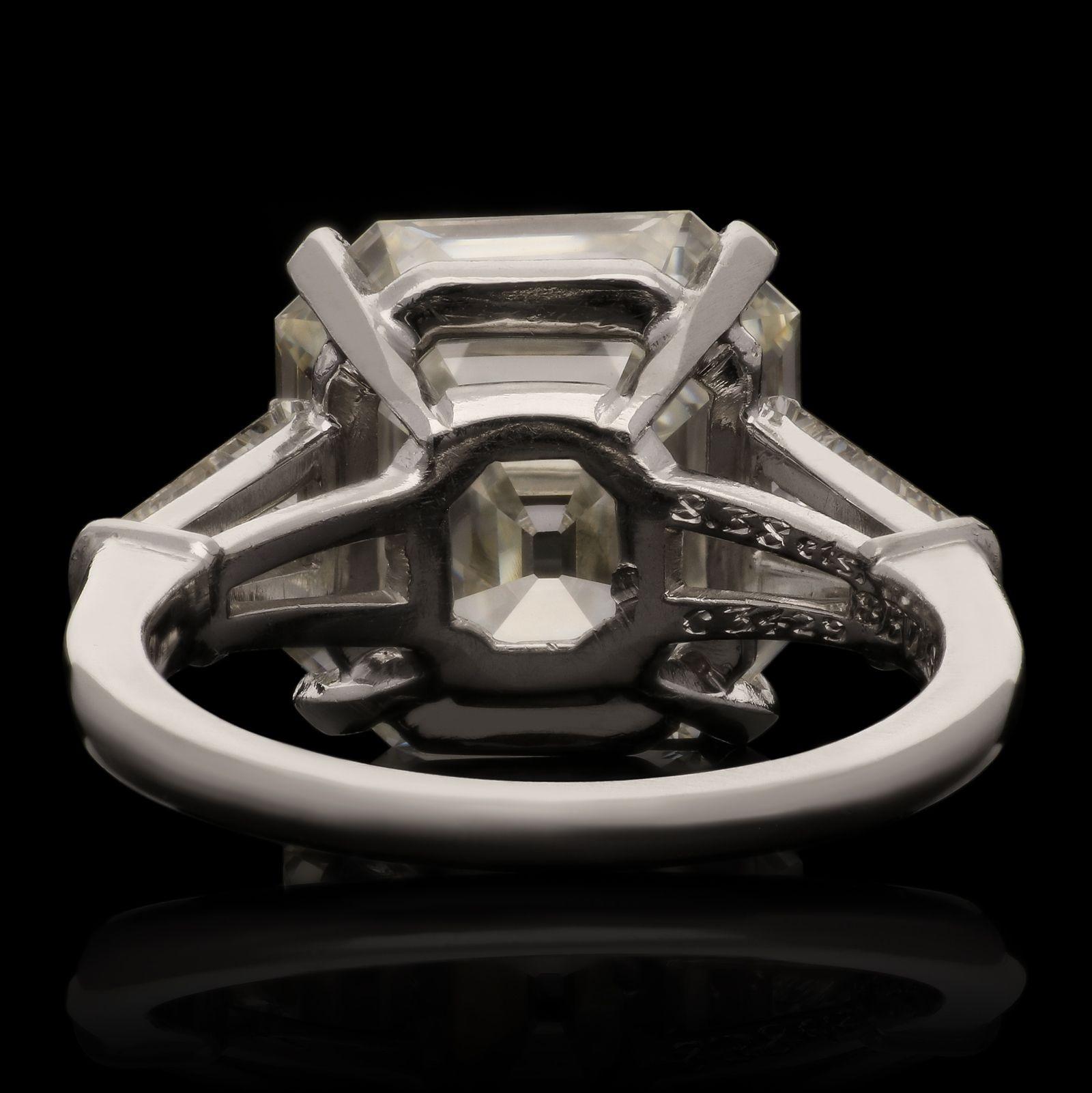 Bulgari 8.38ct Asscher Cut Diamond Ring Tapered Baguette Shoulders In Platinum In Excellent Condition In London, GB