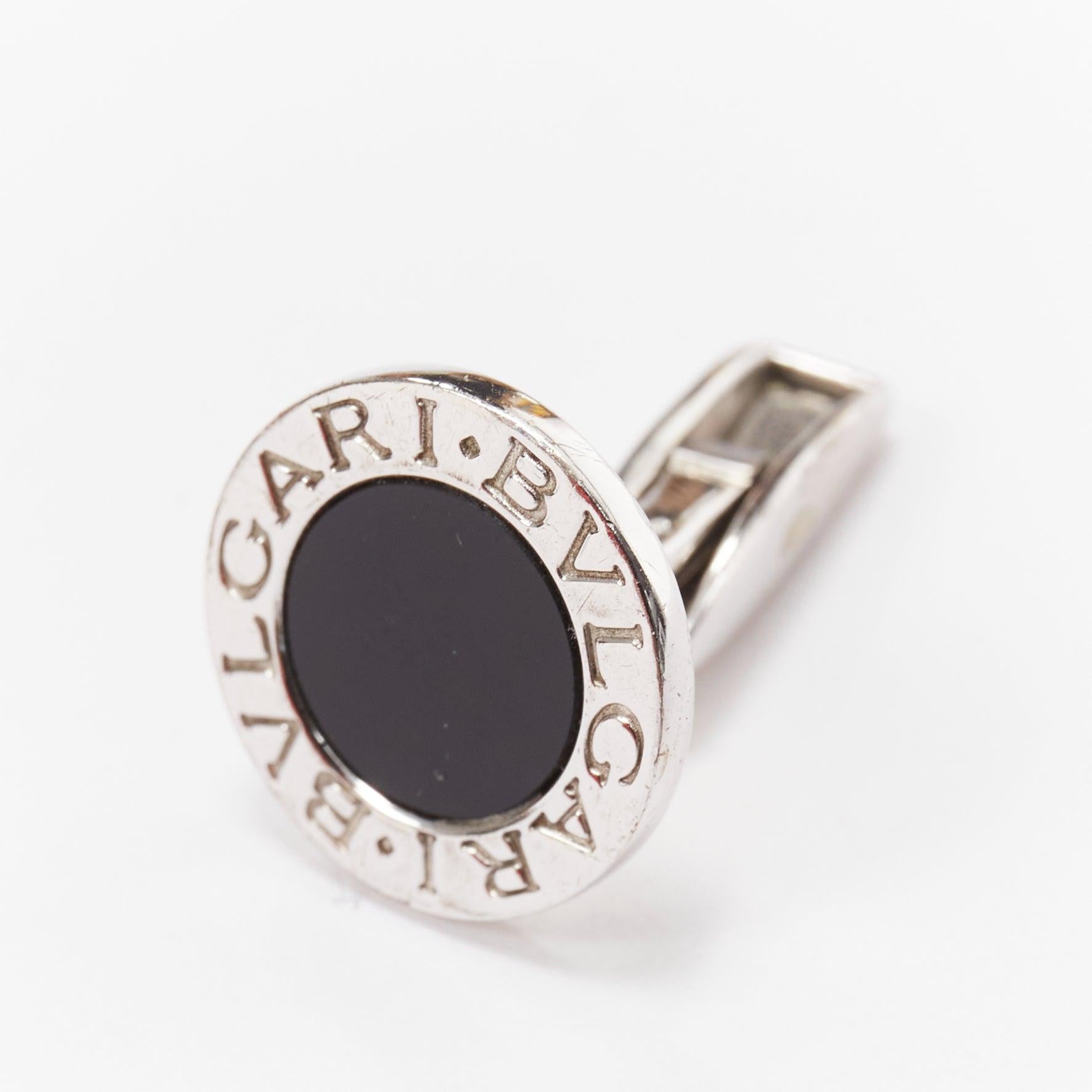 Gray BULGARI 925 sterling silver black round onyx logo back cufflinks