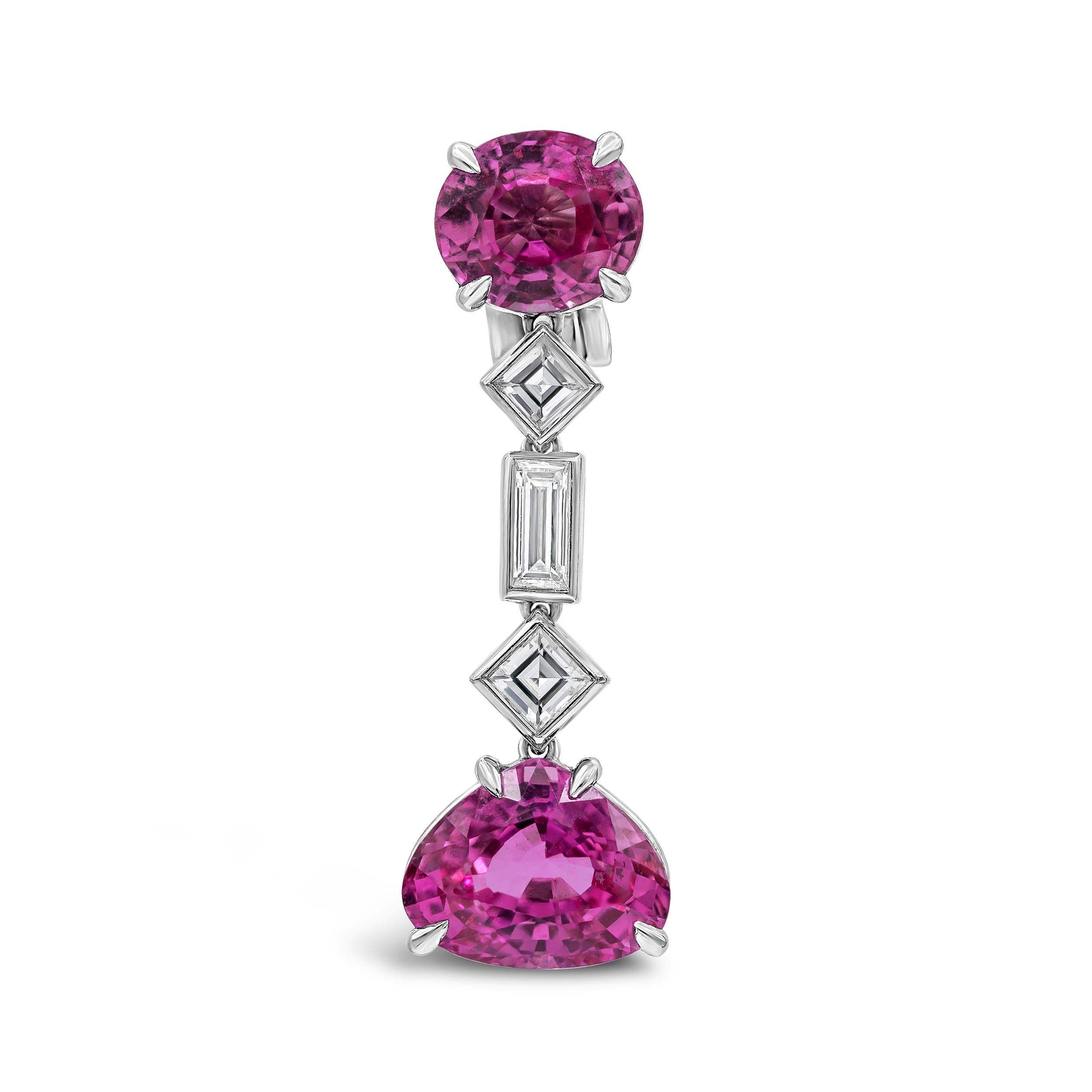 Features four brilliant pink sapphires weighing 9.80 carats total, spaced by three step-cut diamonds weighing 0.90 carats total. Diamonds are approximately F-H color, VVS-VS clarity. Stamped Bulgari. Omega Clip with no post. Made in platinum.